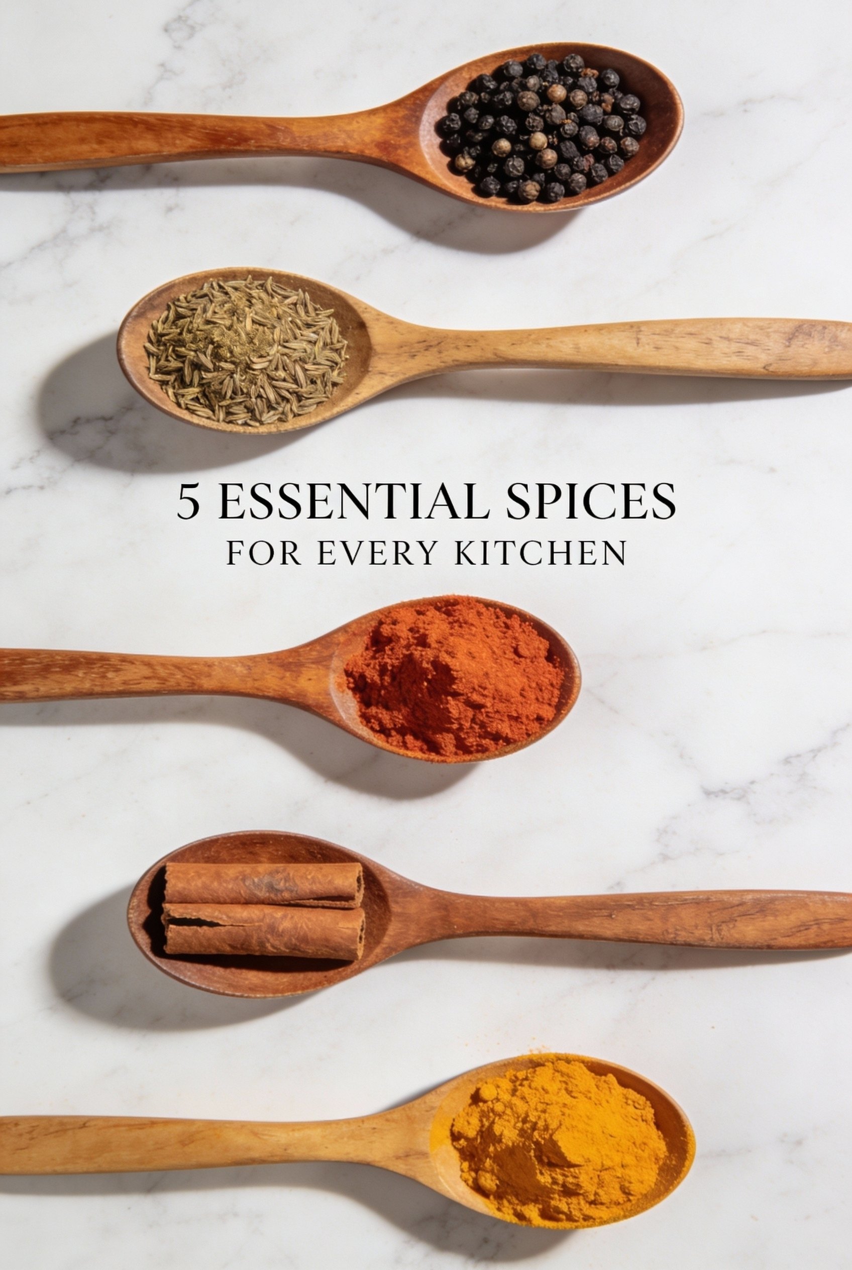 Aesthetic photography of 5 wooden spoons containing essential spices: black pepper, cumin, paprika, cinnamon, and turmeric.