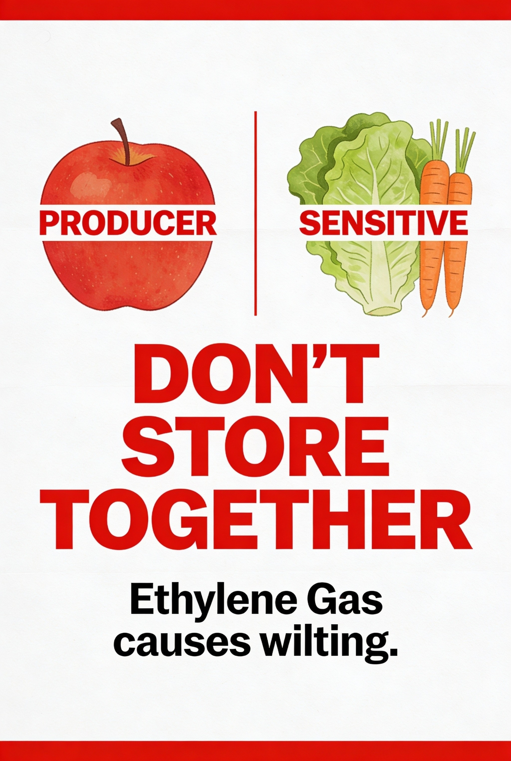 Warning graphic illustrating why apples and lettuce should not be stored together due to ethylene gas.