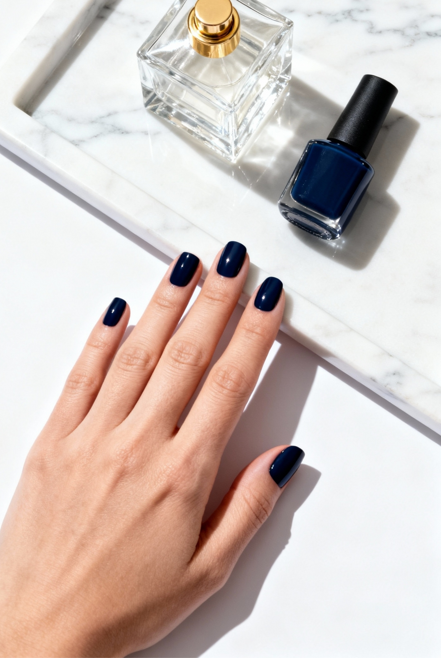 Sophisticated Depth: The Midnight Blue and Navy Nails Manicure 8 Aesthetic flat lay of a hand with dark navy nails resting on a white marble tray next to a perfume bottle and nail polish.