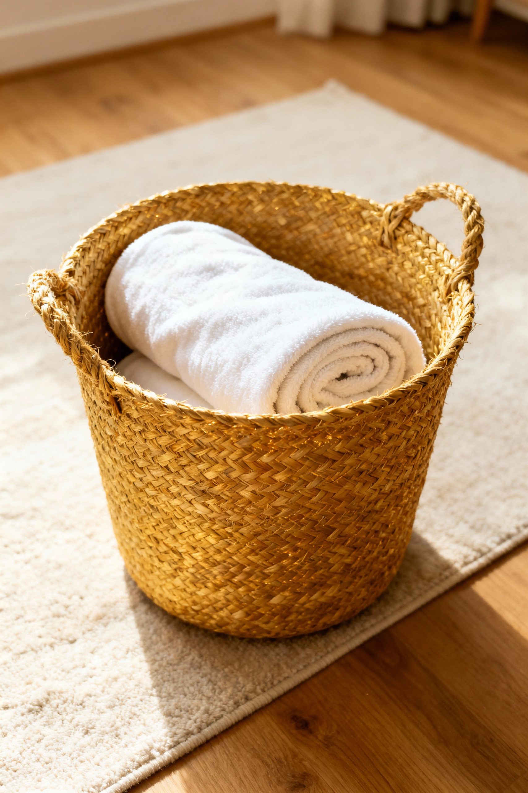 Woven seagrass storage basket containing a neatly rolled white blanket, placed on a light-colored rug.