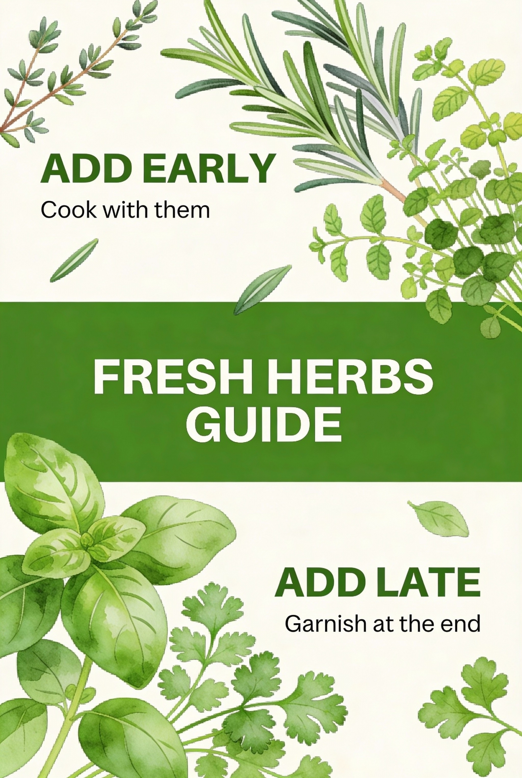 Illustrated guide showing when to add woody herbs vs. soft herbs during the cooking process.
