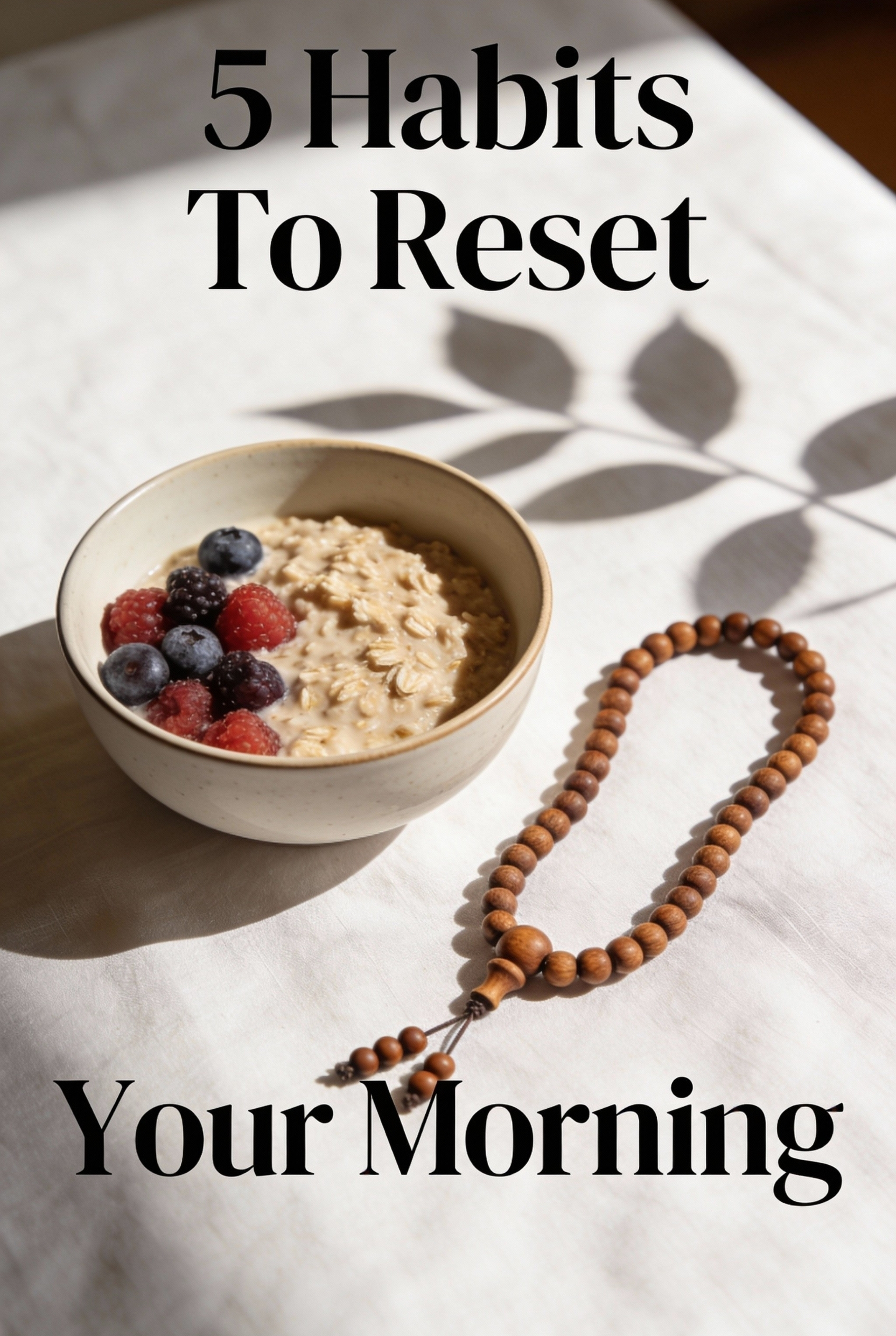Morning Intentions: 5 Habits to Start Your Day with Peace and Purpose 7 Healthy oatmeal bowl next to wooden prayer beads (tasbih), symbolizing a morning reset for body and soul.