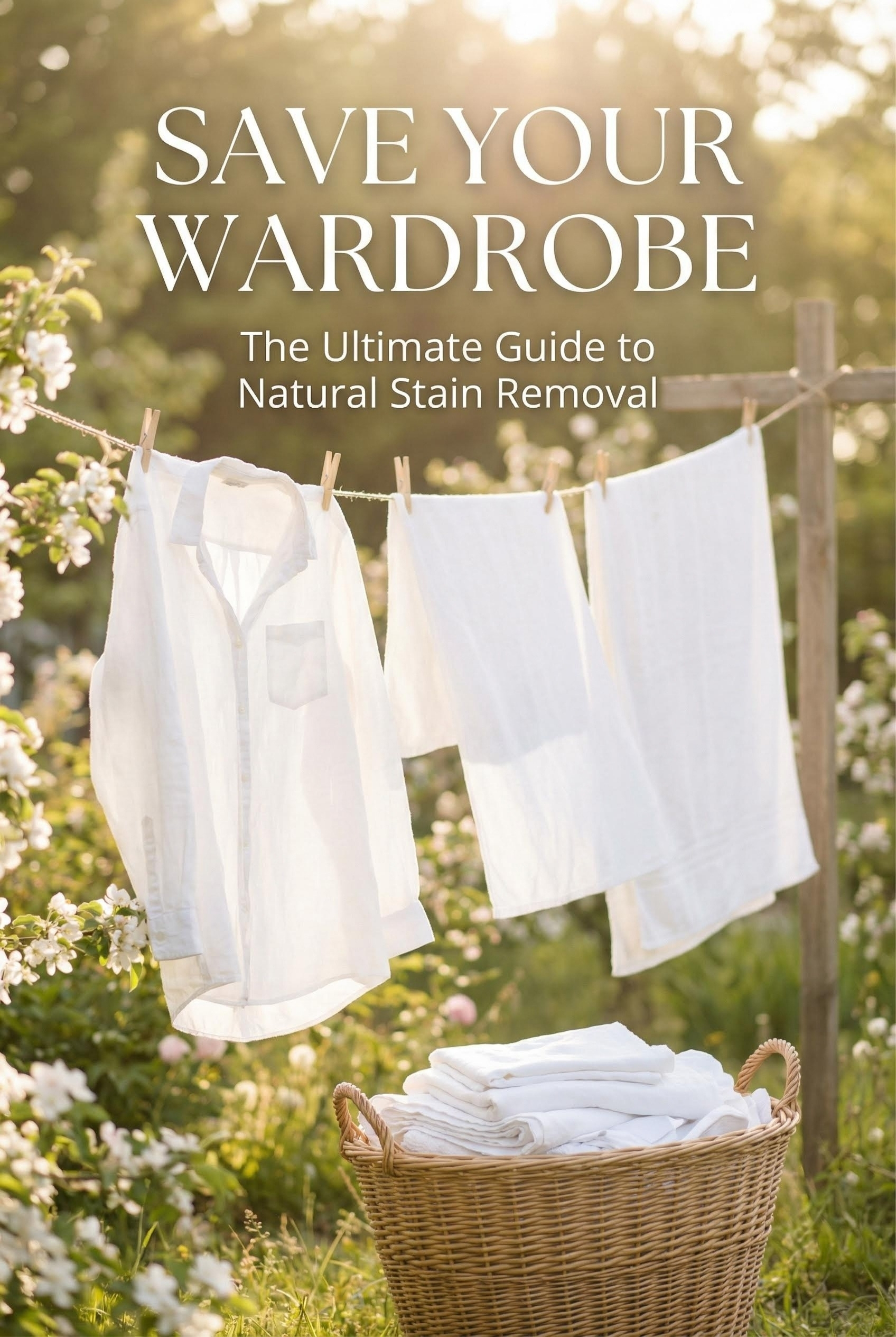 Save Your Clothes: The Ultimate Chemical-Free Stain Removal Guide 8 Beautiful photography of white laundry hanging on a line in a sunny garden, representing natural stain removal results.