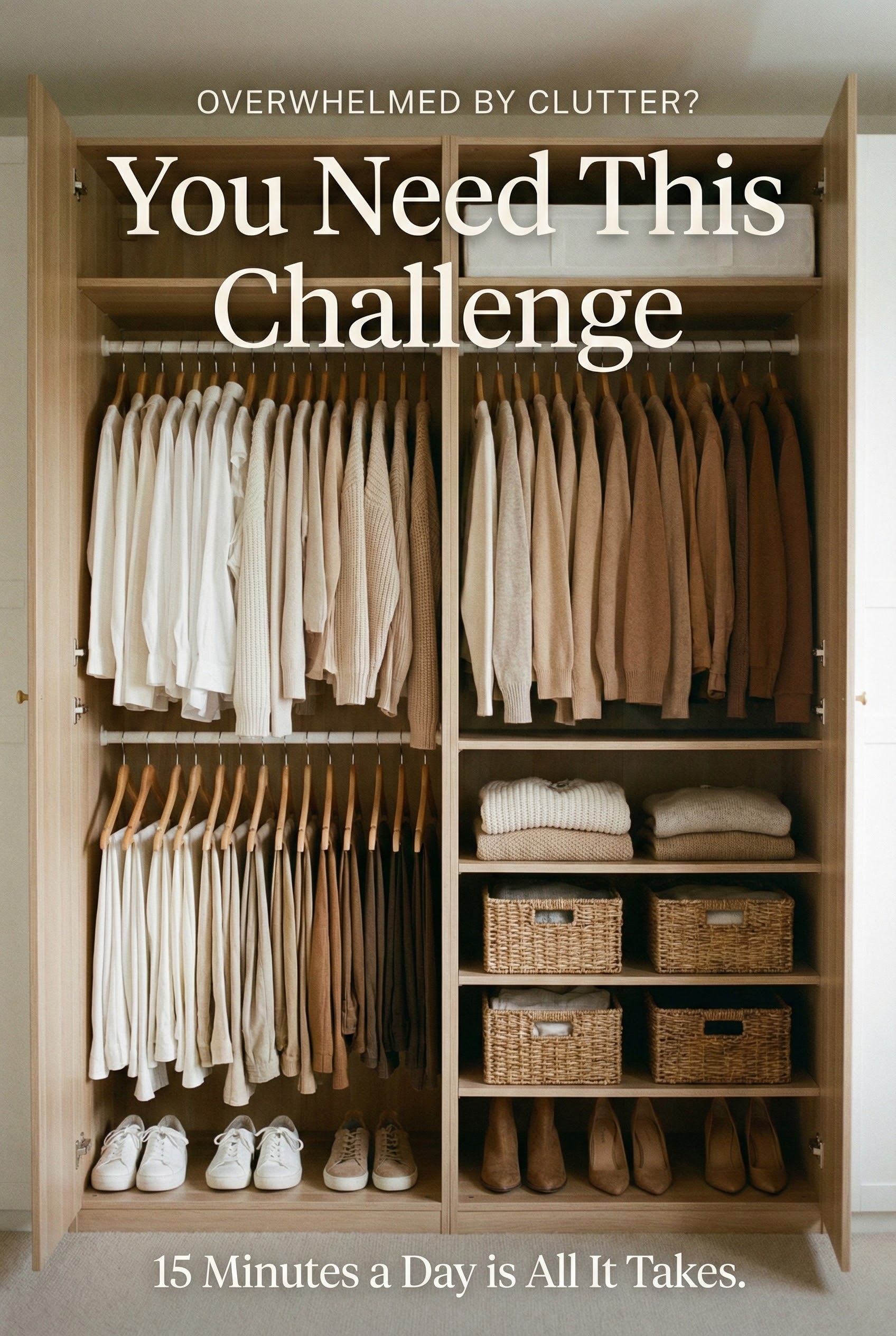 Perfectly organized wooden wardrobe with neutral clothes. Text: Overwhelmed by Clutter? You Need This Challenge.