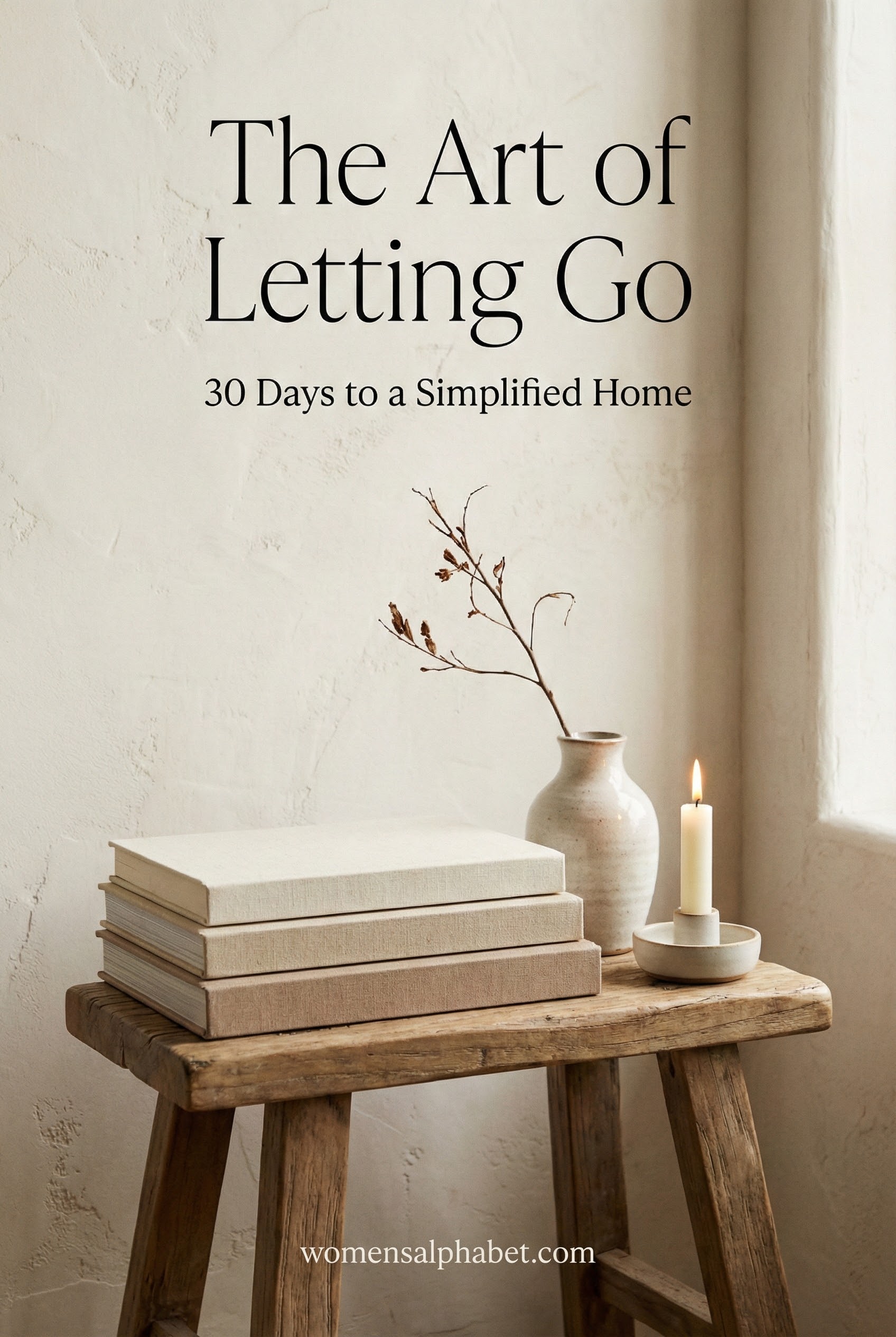 Aesthetic stack of books and candle on a wooden stool. Text: The Art of Letting Go, 30 Days to a Simplified Home.