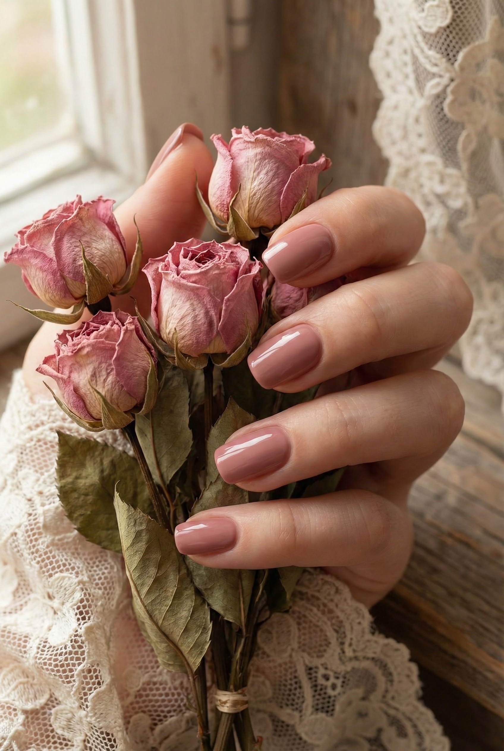 Close-up of glossy dusty rose nails holding a bouquet of dried pink roses, highlighting the warm brown undertones.