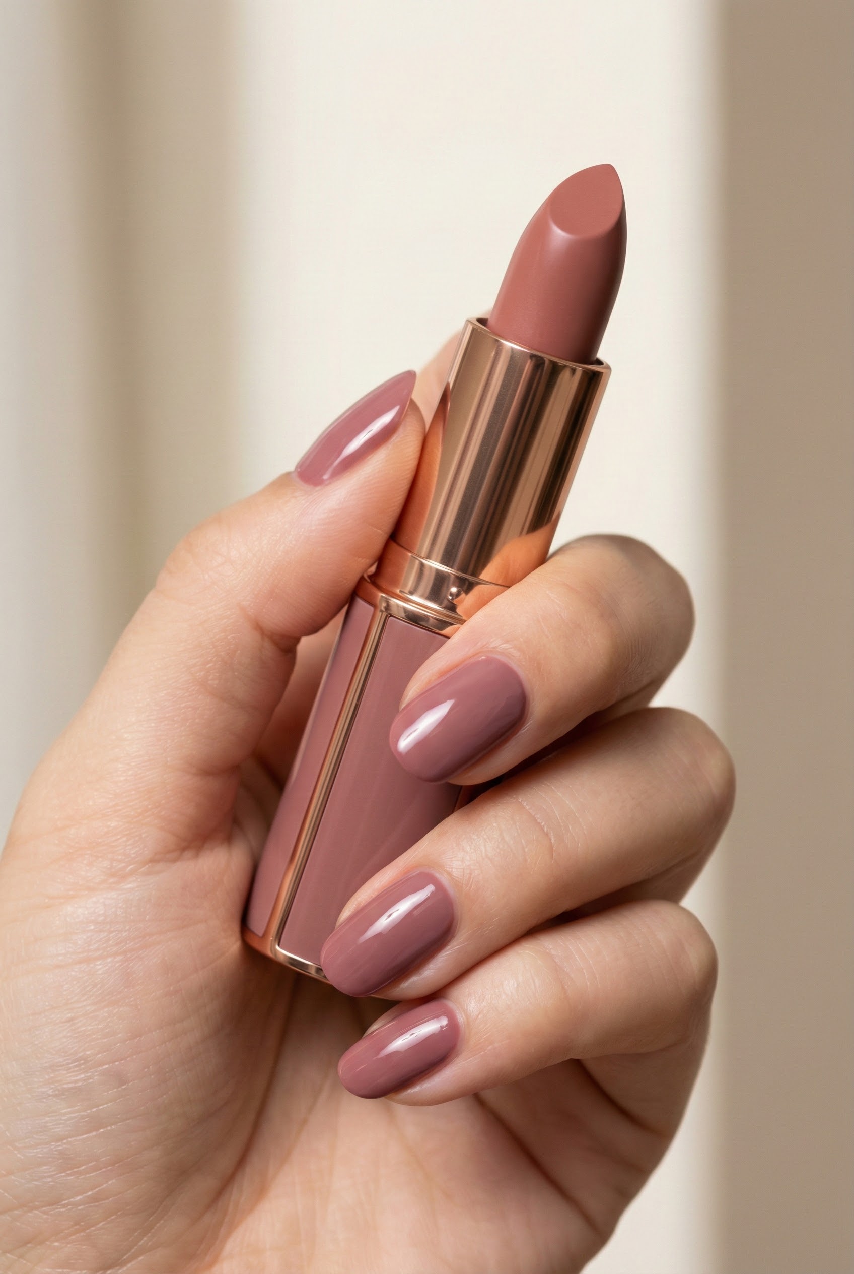 Hand holding a luxury rose lipstick tube, featuring mauve nails that perfectly match the lipstick shade for a monochromatic beauty look.
