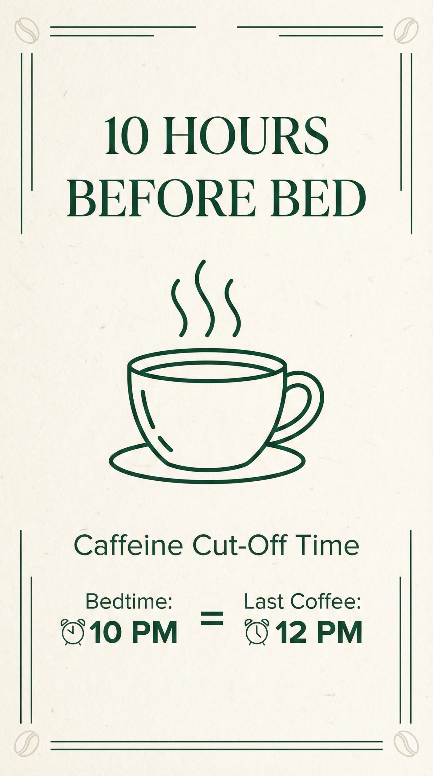 The 10-3-2-1-0 Sleep Rule Formula: The Ultimate Guide to Waking Up Refreshed 1 Illustration showing the caffeine cut-off time rule, 10 hours before bed for better sleep hygiene.
