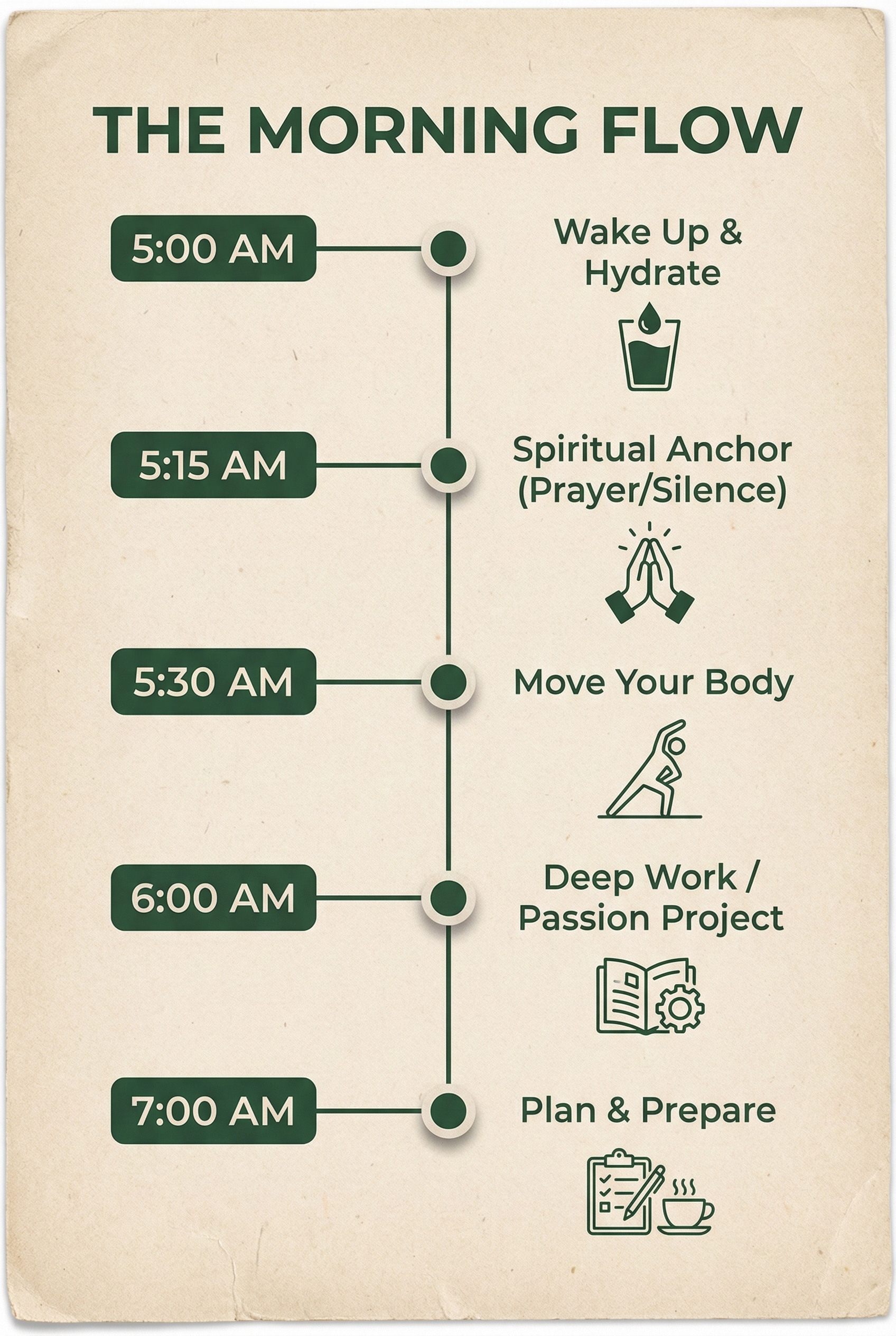 Vertical timeline infographic showing the morning flow from 5:00 AM wake up to 7:00 AM preparation.