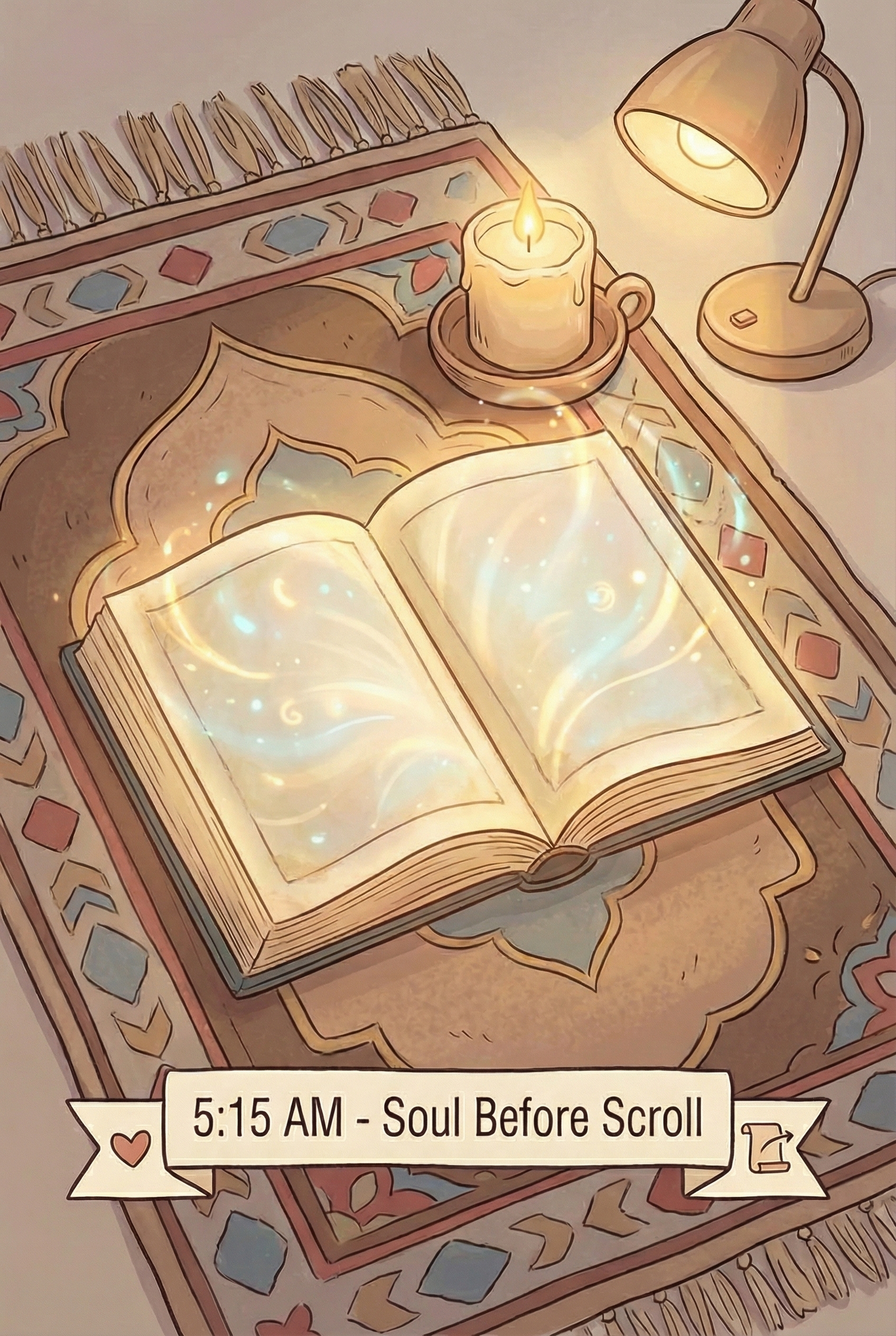 Glowing open book on a prayer rug representing the "Soul Before Scroll" concept at 5:15 AM.