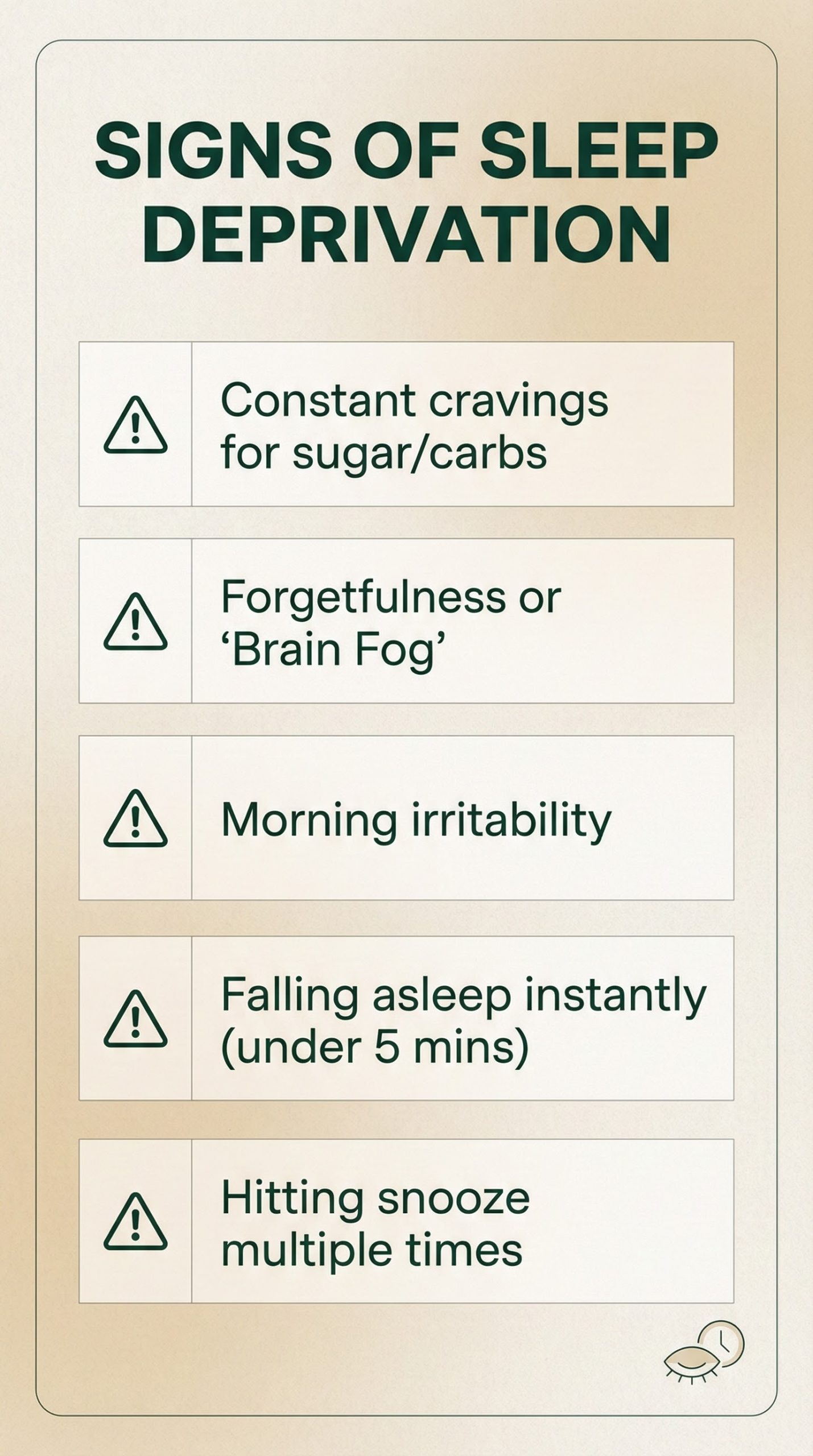 Checklist of sleep deprivation signs including sugar cravings, brain fog, and irritability.