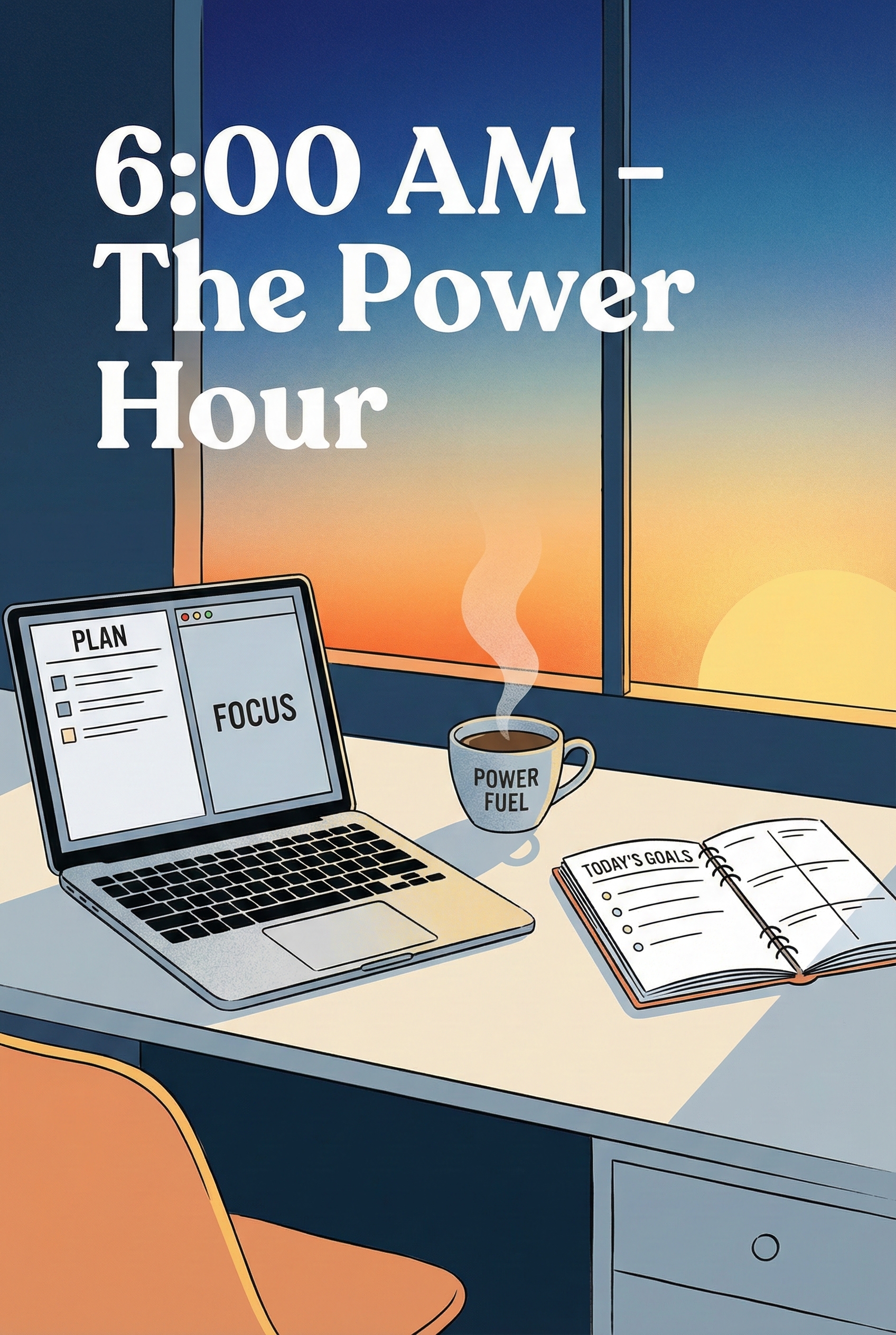 Workspace with laptop and coffee at sunrise, representing the 6 AM deep work hour.