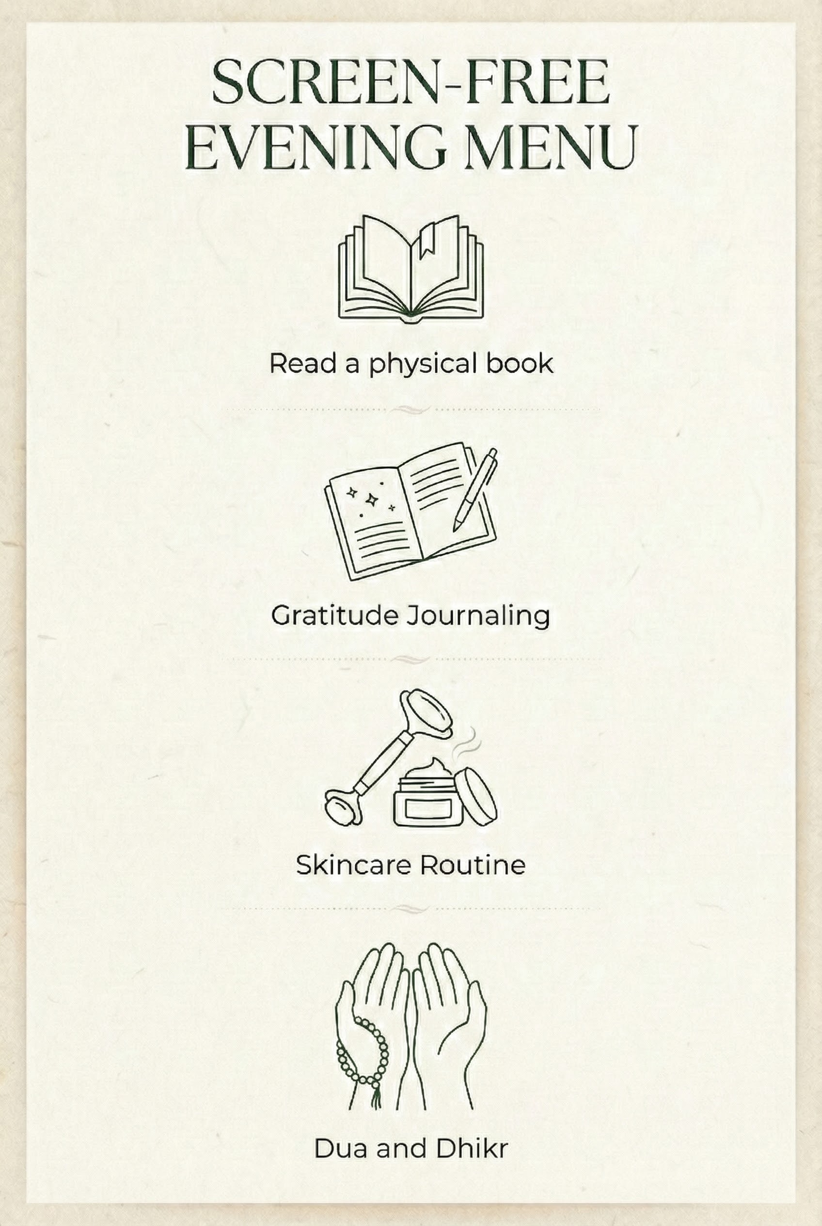 The 10-3-2-1-0 Sleep Rule Formula: The Ultimate Guide to Waking Up Refreshed 5 Screen-free evening menu infographic featuring reading, gratitude journaling, skincare routine, and Dua/Dhikr.