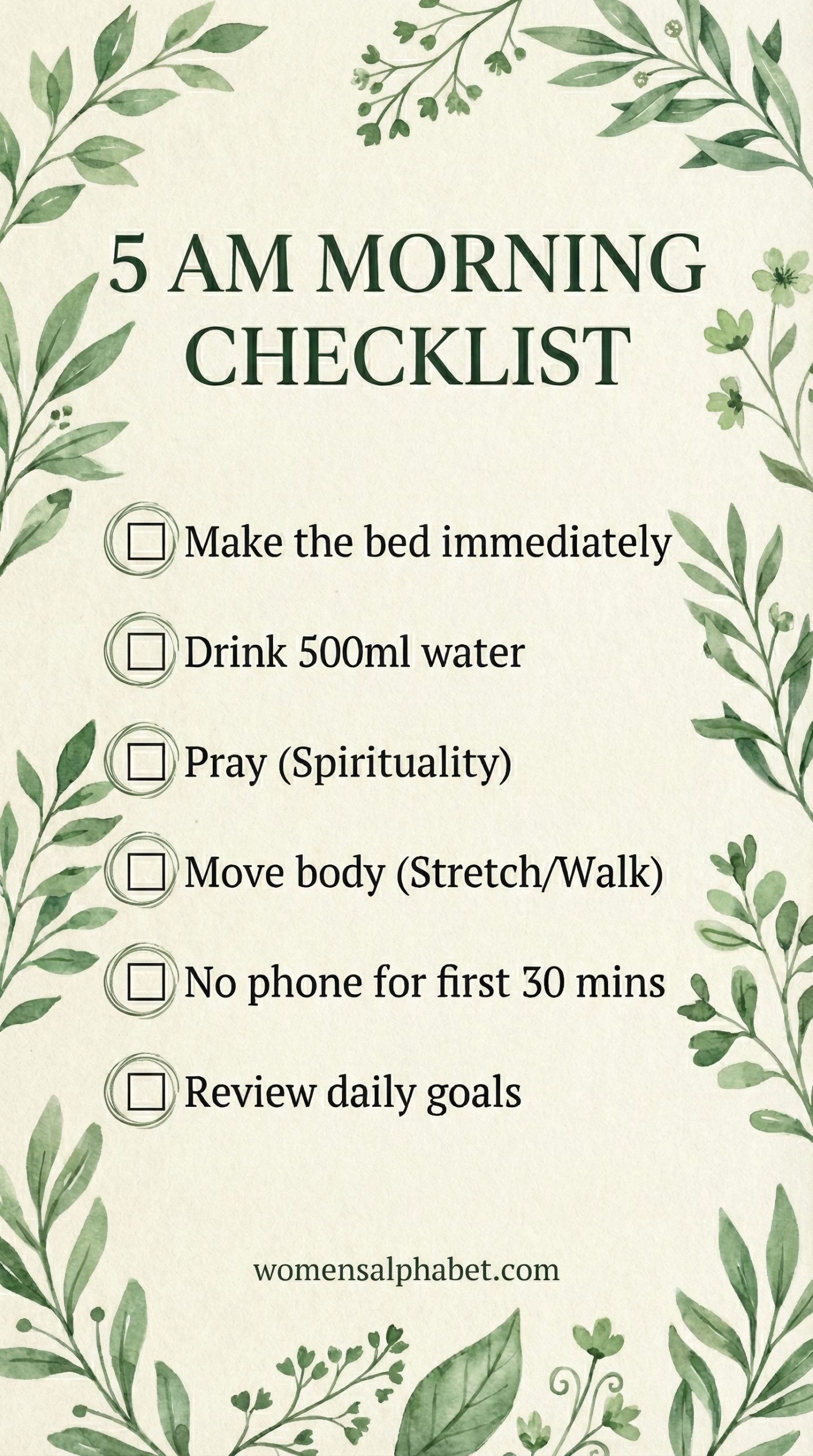 Aesthetic morning checklist with leaves border including making bed, hydration, and prayer.