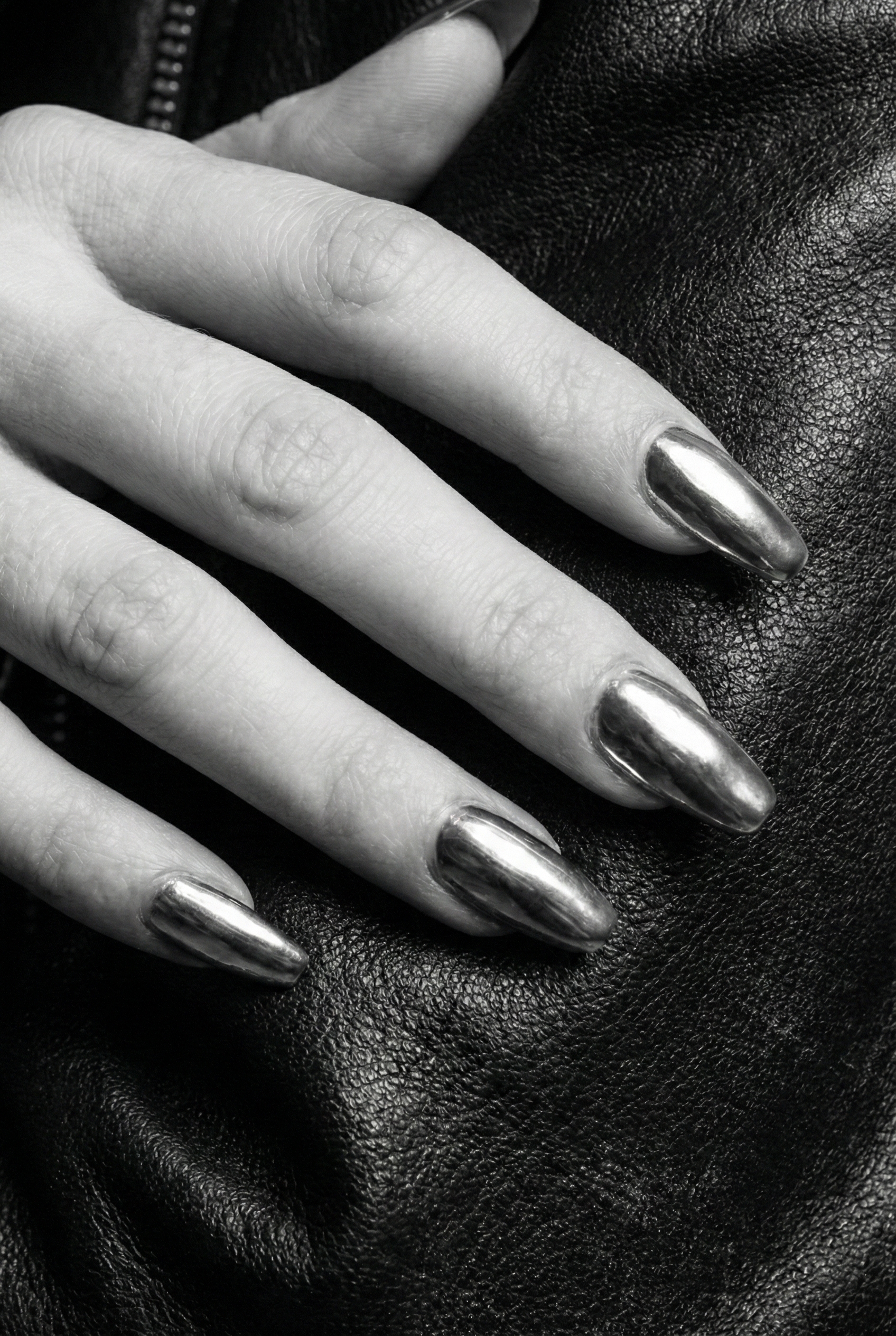 High-fashion black and white shot of long silver chrome nails resting on a black leather texture.