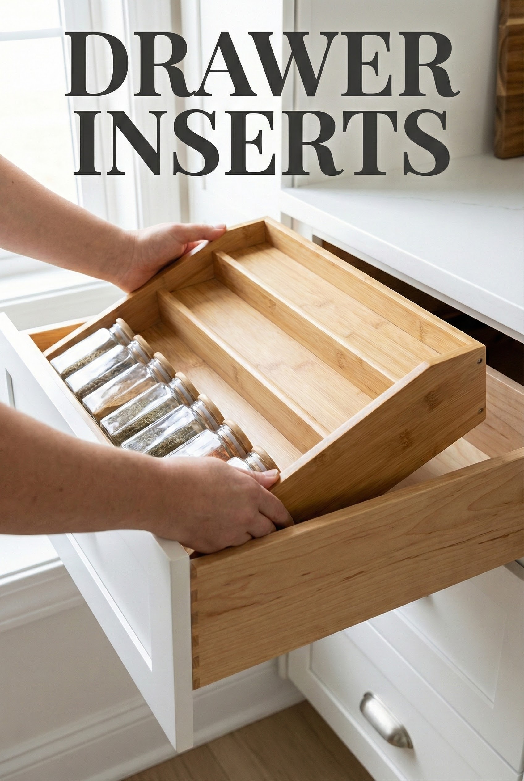 The Ultimate Guide to Designing an Aesthetically Pleasing and Functional Spice Drawer 5 Placing a bamboo tiered spice rack insert into a wooden kitchen drawer.