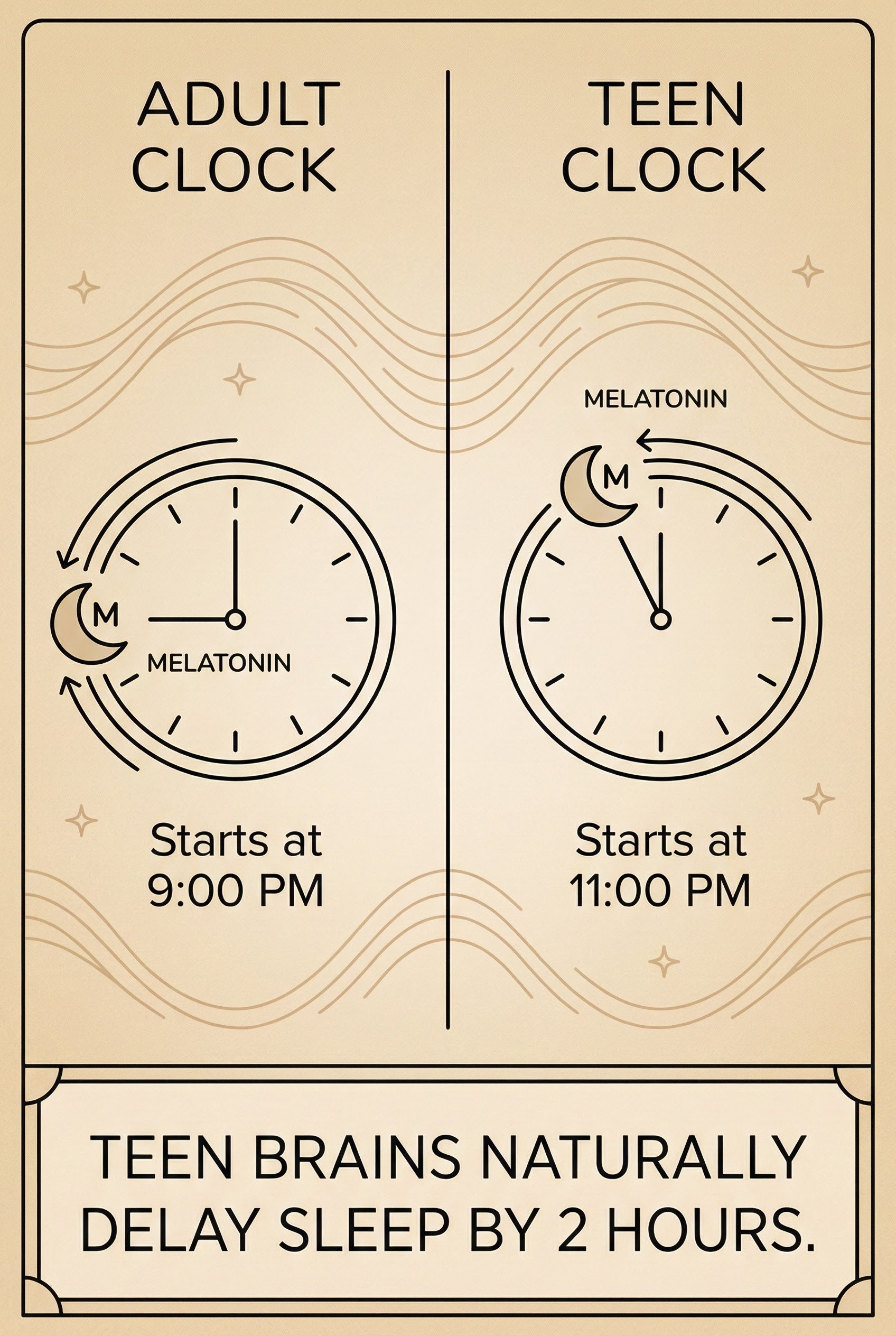 Comparison of adult sleep clock starting at 9 PM vs teen sleep clock starting at 11 PM due to melatonin delay.