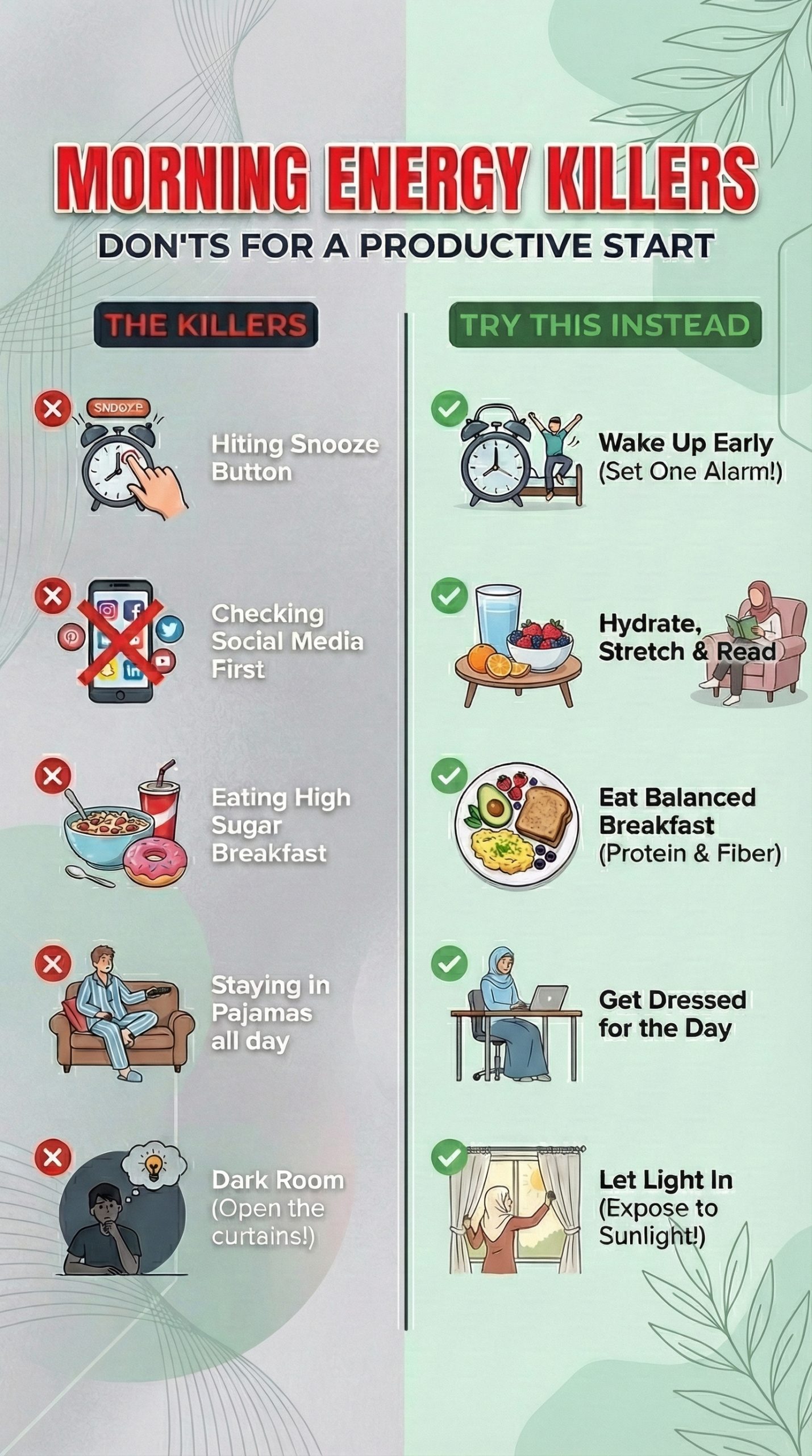 Comparison chart of morning energy killers vs healthy habits, featuring a hijab-wearing character.