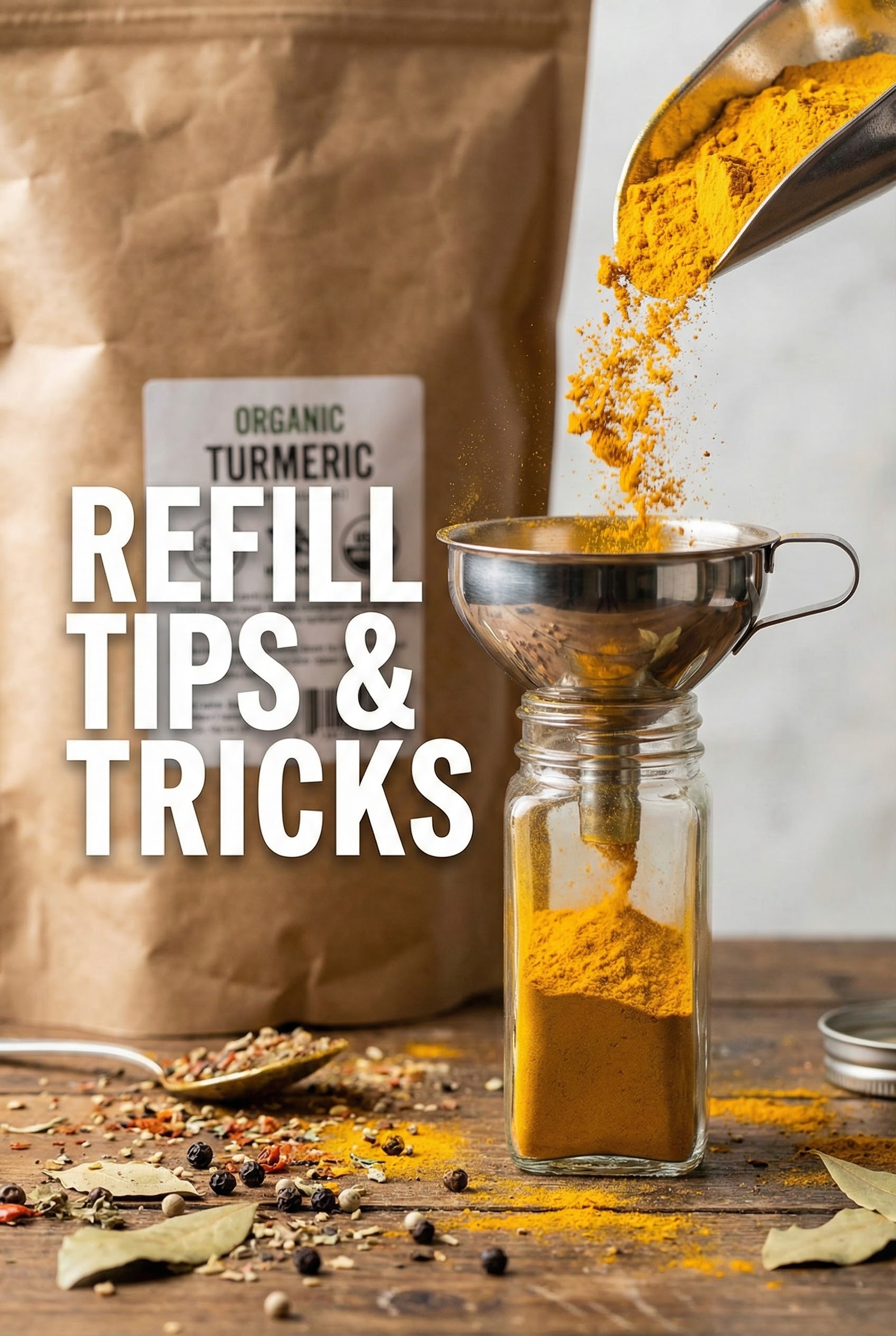 The Ultimate Guide to Designing an Aesthetically Pleasing and Functional Spice Drawer 6 Pouring turmeric powder into a glass jar using a metal funnel.