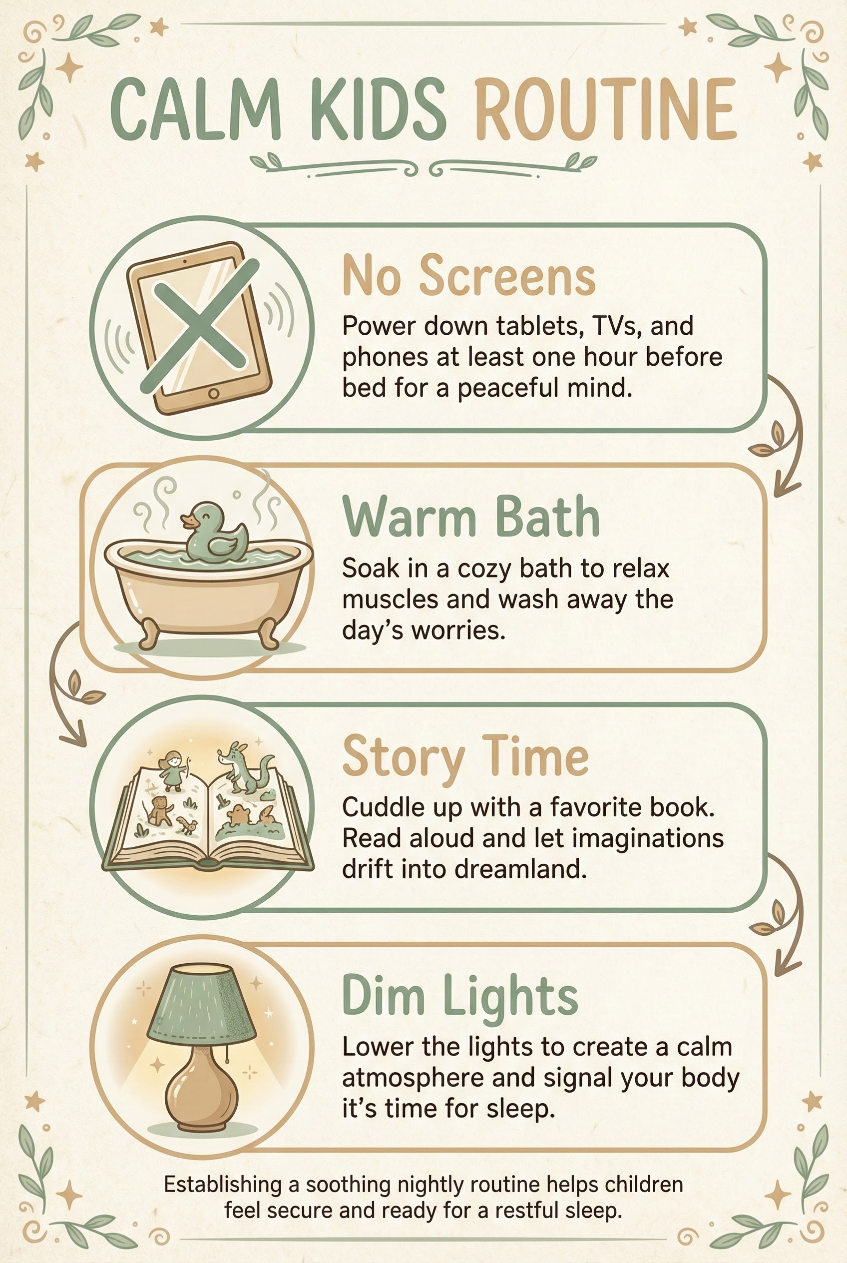 4-step illustrated bedtime routine for kids: No screens, warm bath, story time, and dim lights.