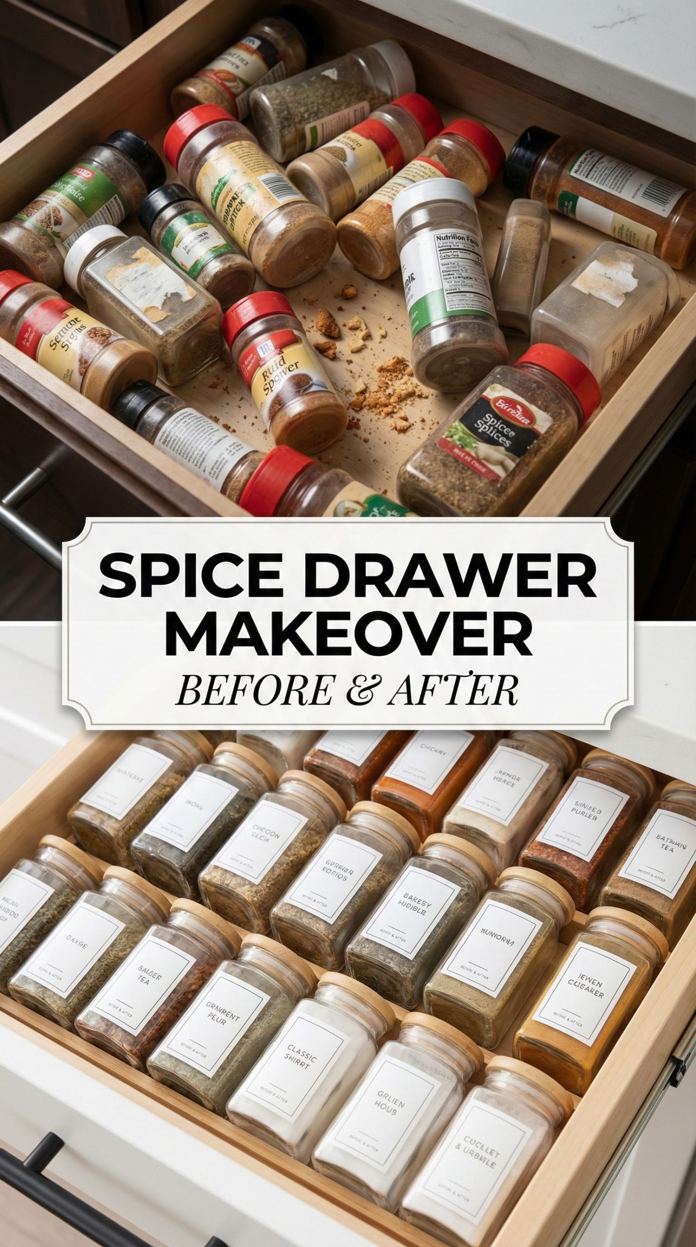The Ultimate Guide to Designing an Aesthetically Pleasing and Functional Spice Drawer 8 Split screen image showing a messy kitchen drawer with crumbs versus a perfectly organized spice drawer with labeled jars.