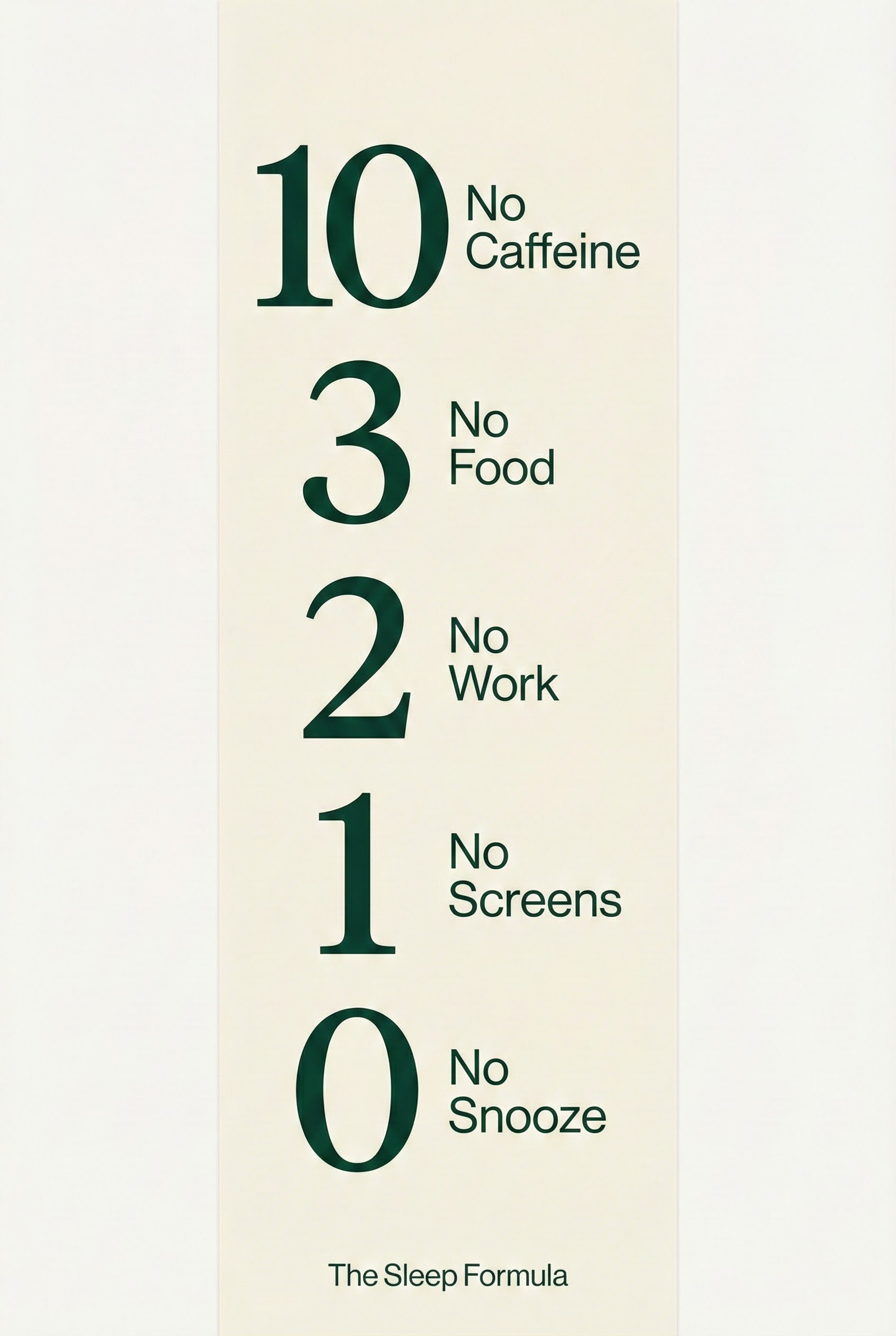 The 10-3-2-1-0 Sleep Rule Formula: The Ultimate Guide to Waking Up Refreshed 8 Vertical typography graphic showing the 10-3-2-1-0 countdown rules: No Caffeine, No Food, No Work, No Screens, No Snooze.