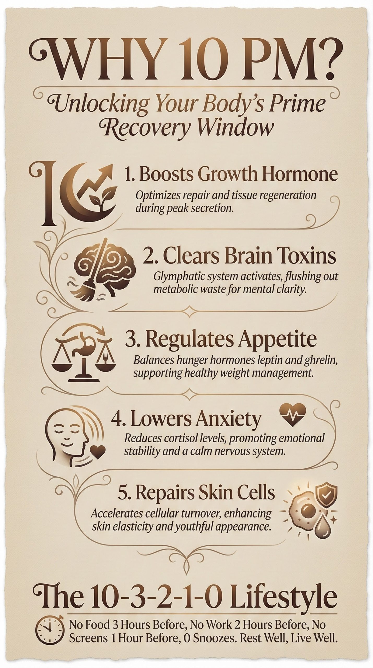 List of benefits of sleeping at 10 PM including growth hormone boost, clearing toxins, and skin repair.