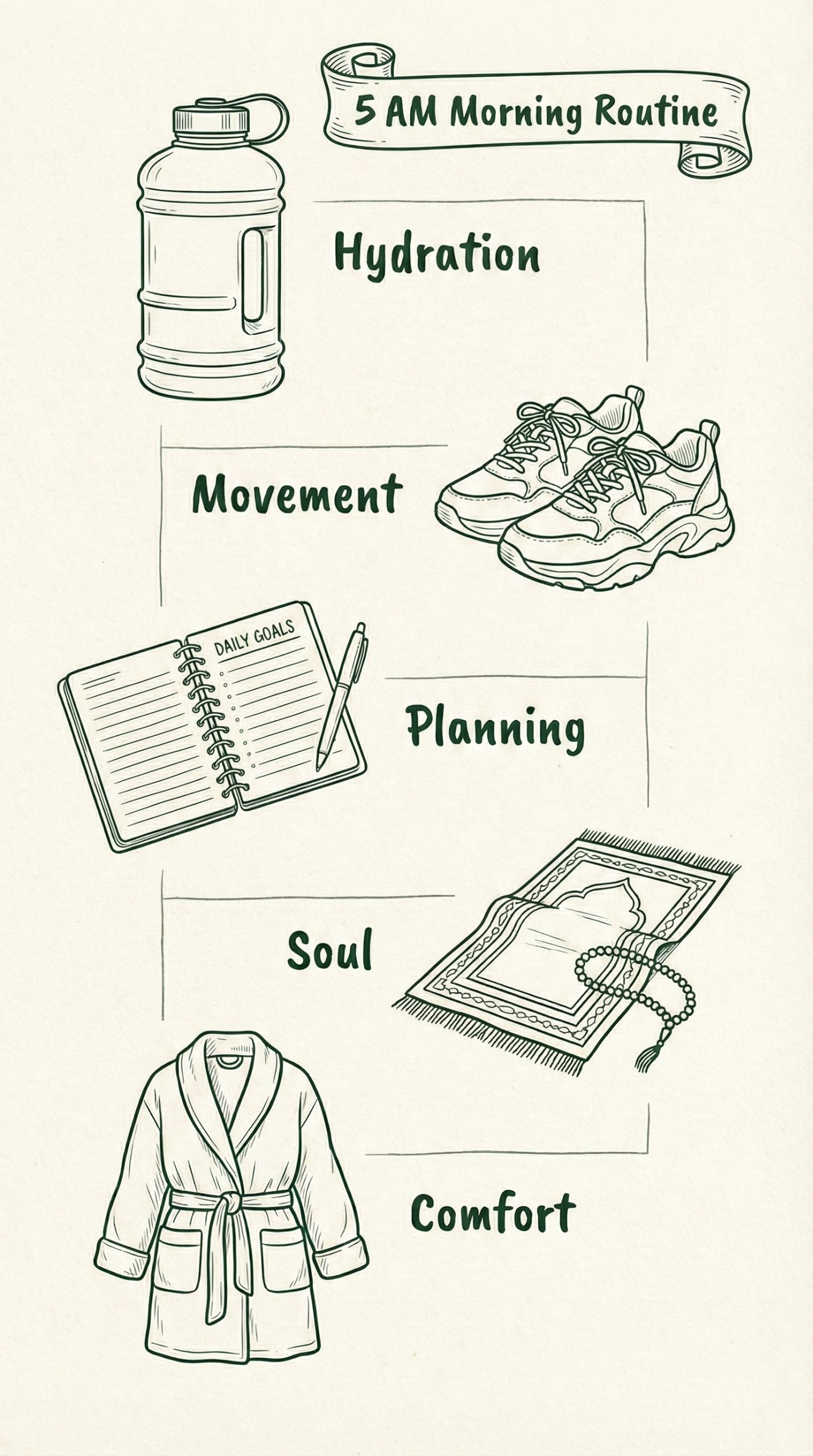 Hand-drawn illustration of morning essentials: Water bottle, sneakers, planner, prayer rug, and robe.