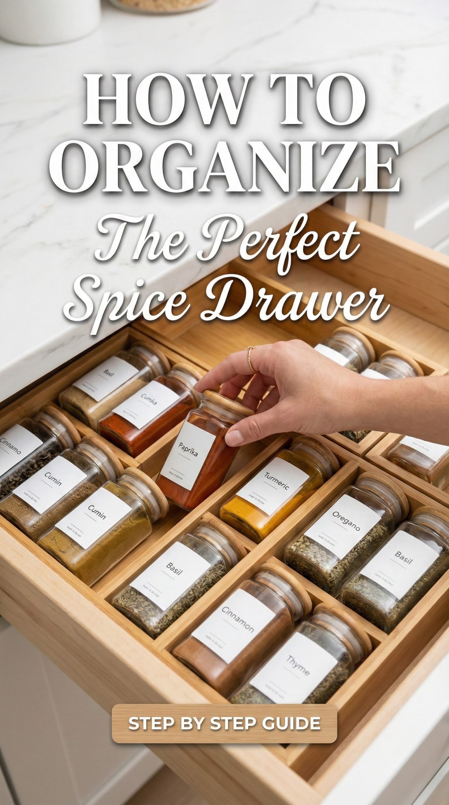 The Ultimate Guide to Designing an Aesthetically Pleasing and Functional Spice Drawer 9 Aesthetic vertical pin showing a woman's hand picking a paprika jar from an organized bamboo drawer.