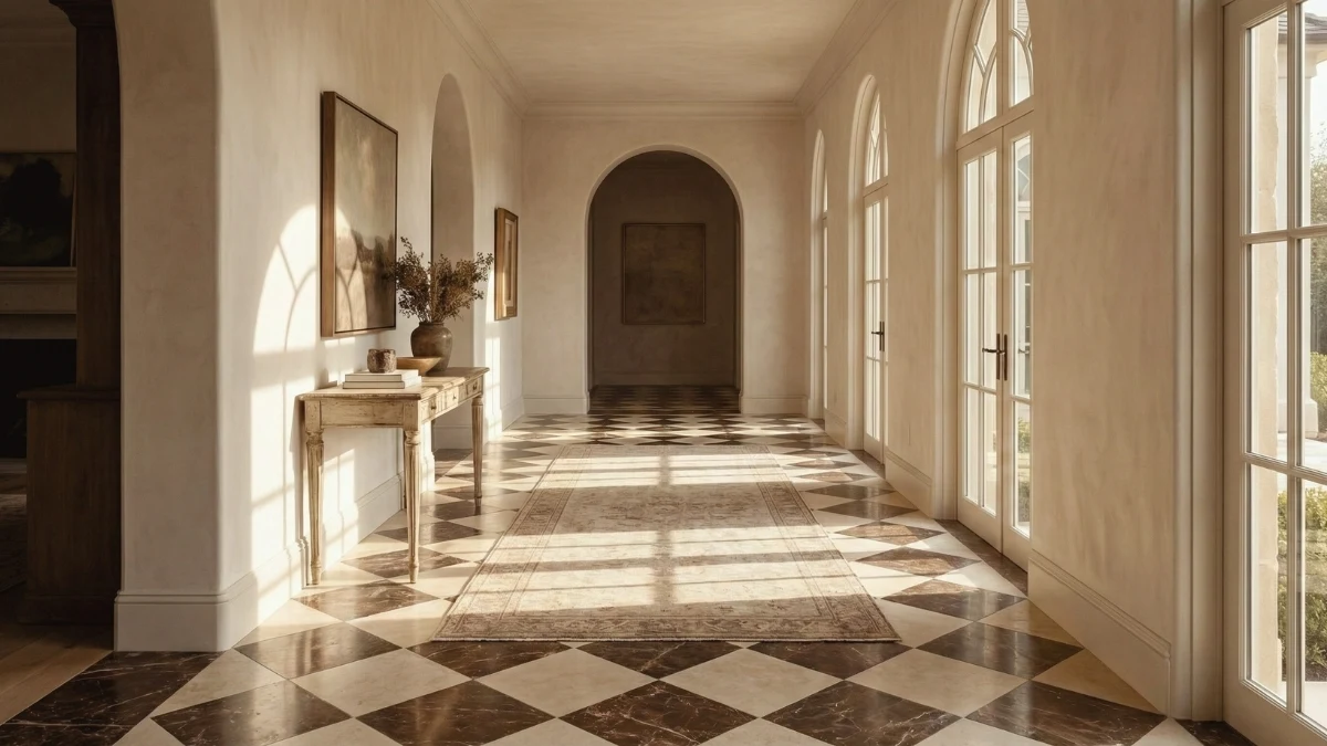 Sun-drenched luxury hallway featuring the 2026 Velvet Truffle trend with chocolate brown and cream marble checkerboard floors laid diagonally.