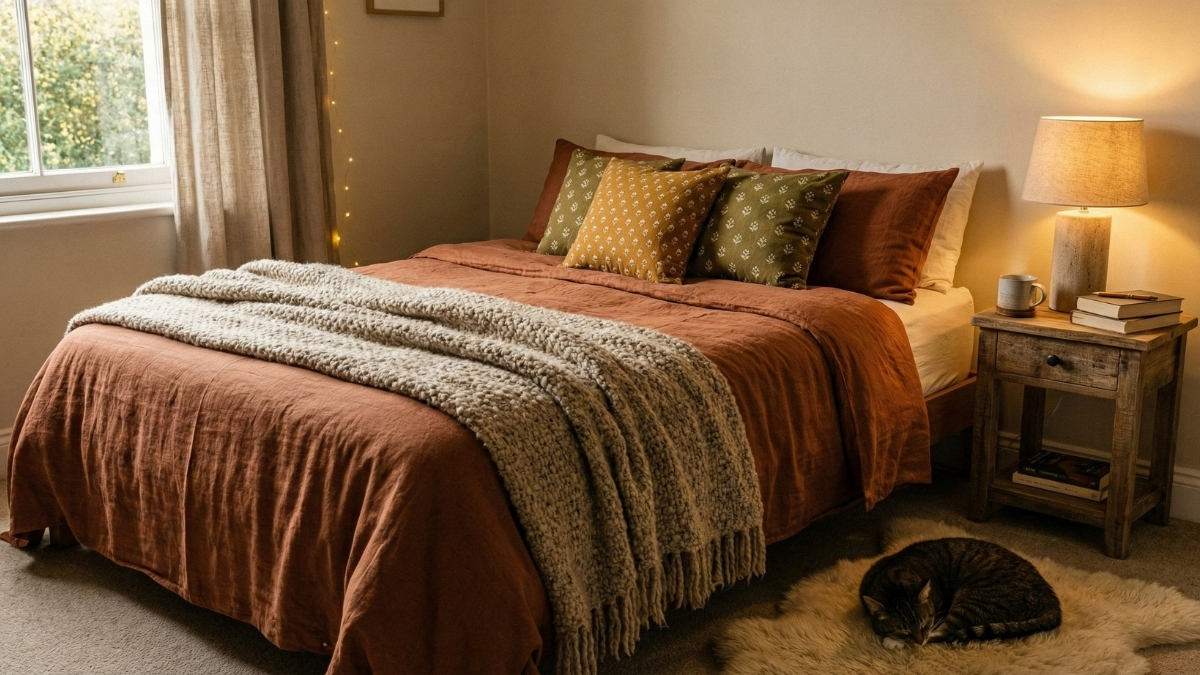Cozy bedroom corner with rust-colored linen bedspread and mustard throw pillows, showing texture layering.