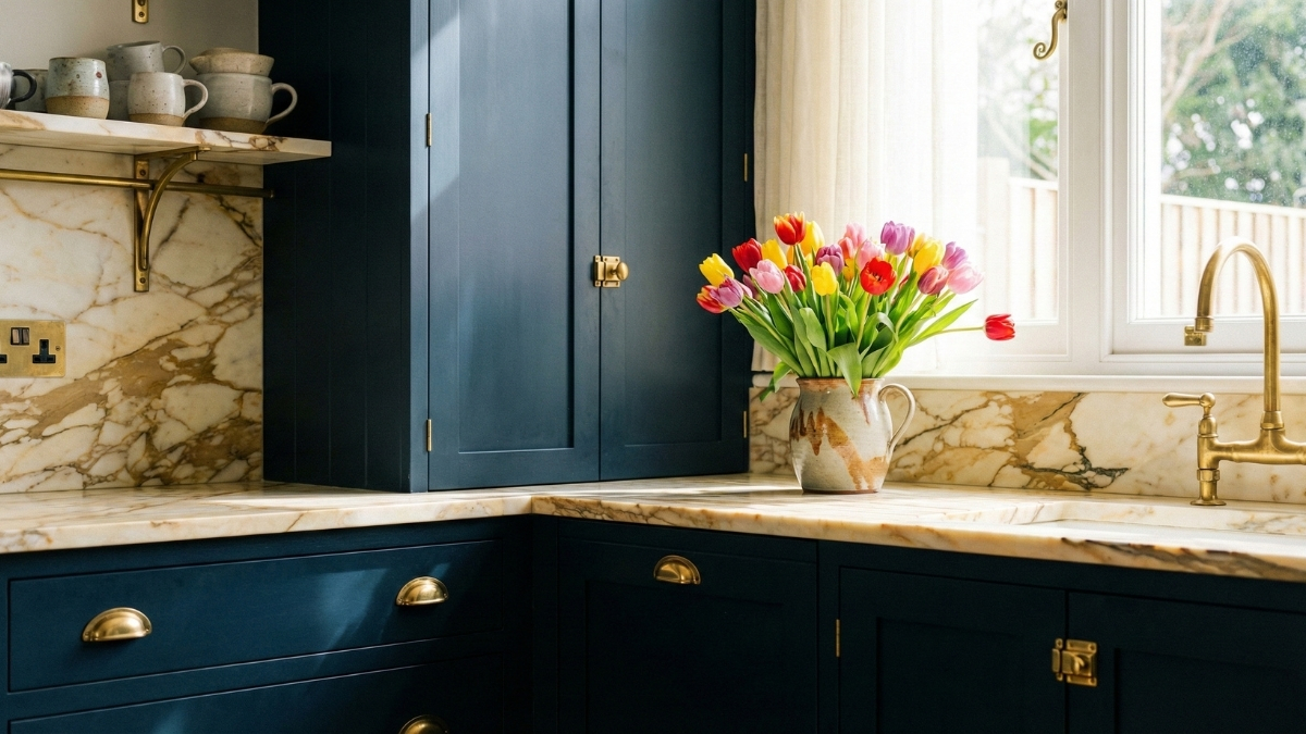 Stylish modern kitchen with dark blue cabinets and brass handles, showcasing colorful interior trends.