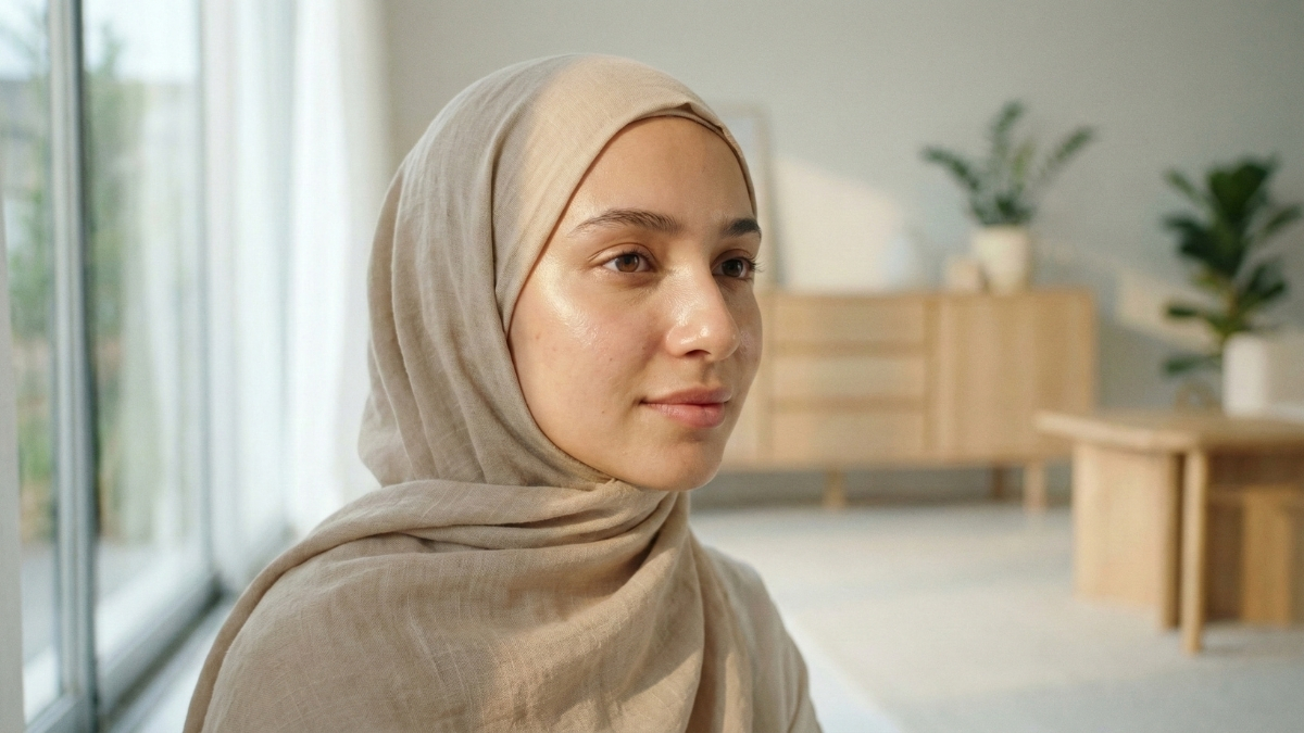 Woman with glowing, clear skin wearing a beige hijab, demonstrating the glass skin look for oily skin types.