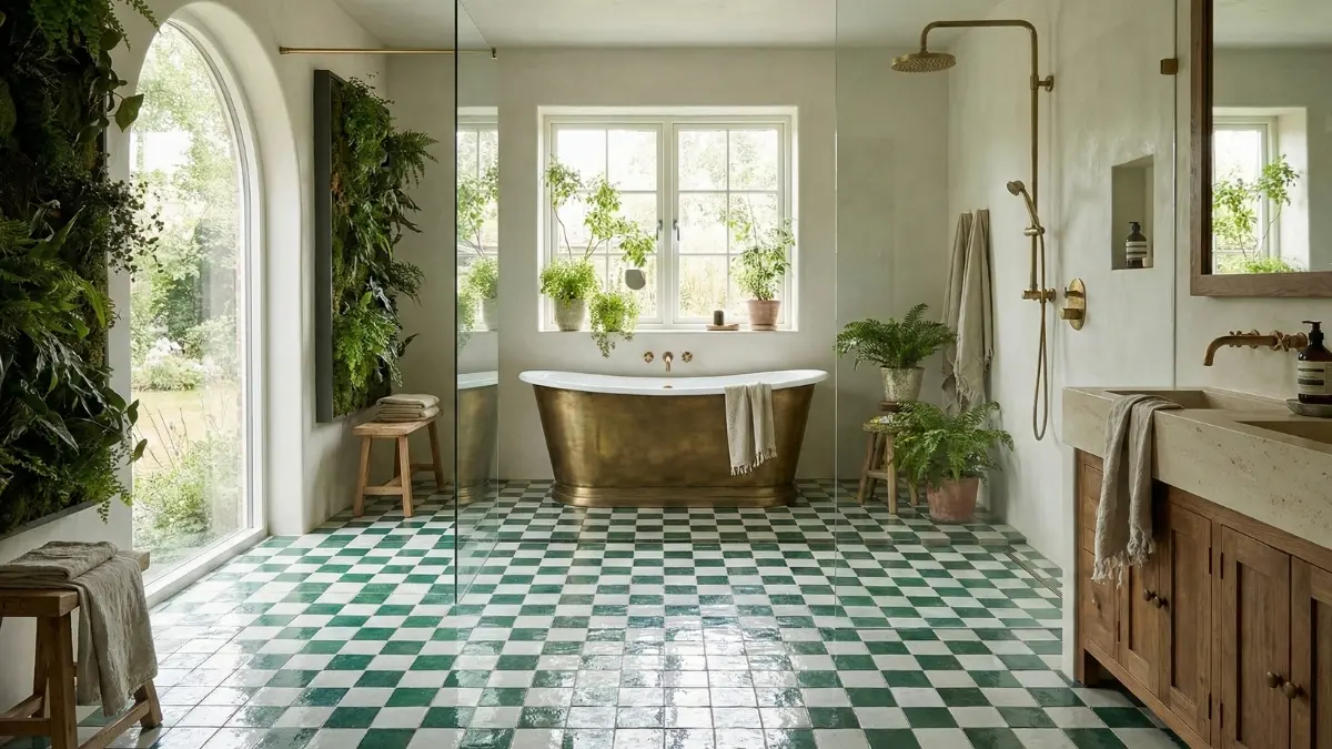 Checkerboard Floors Are Back With a Softer, Warmer Look 4 Serene spa-like bathroom featuring green and white Zellige checkerboard tiles extending into the shower with brass fixtures.