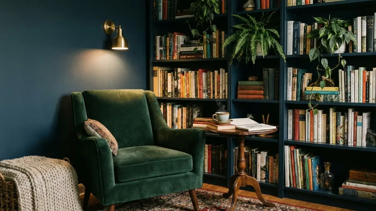 A dark and cozy reading nook with blue walls and shelves, representing the hobby sanctuary trend.