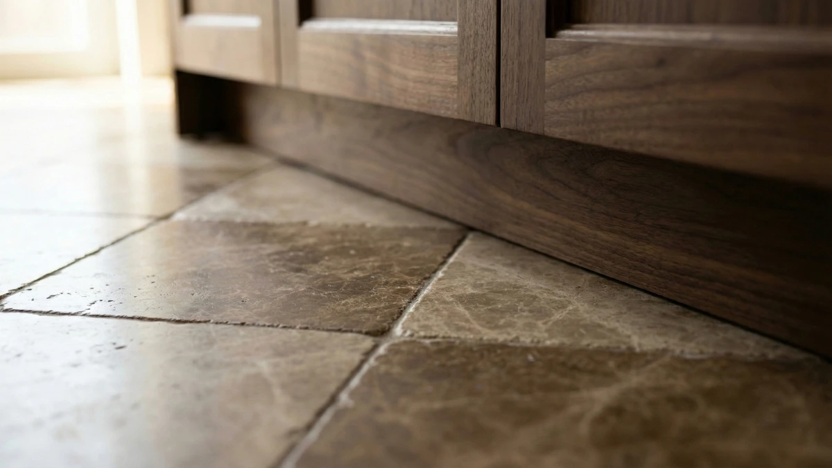 Checkerboard Floors Are Back With a Softer, Warmer Look 2 Close-up detail of honed brown and beige marble checkerboard flooring with tumbled edges meeting a walnut wood cabinet base.