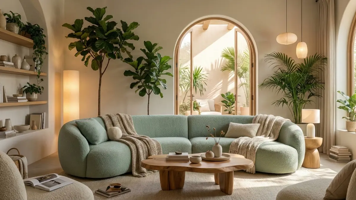 A cozy living room featuring a curved boucle sofa and biophilic design elements representing the Joy-First home trend.