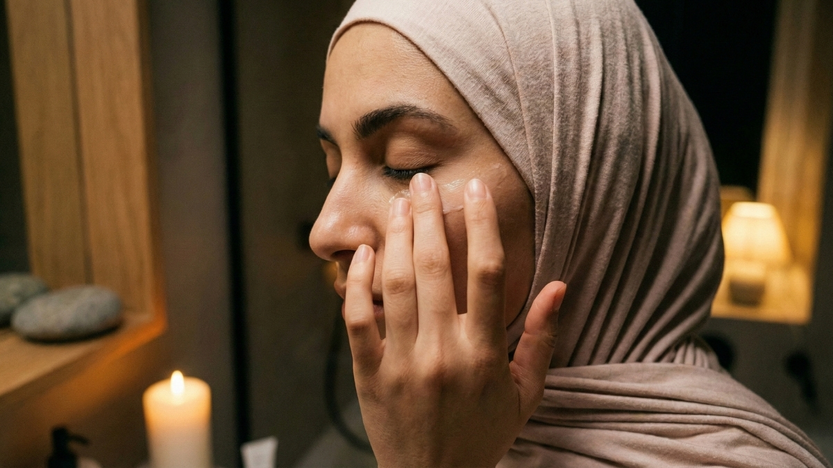 Calm nighttime skincare moment showing gentle under-eye care in soft, low lighting