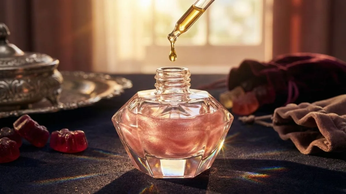 Close-up macro shot of golden perfume oil dropping from a pipette into a shimmering pink crystal bottle. Scene set on dark velvet with gummy candies, representing the 2026 scent stacking and texture trends.
