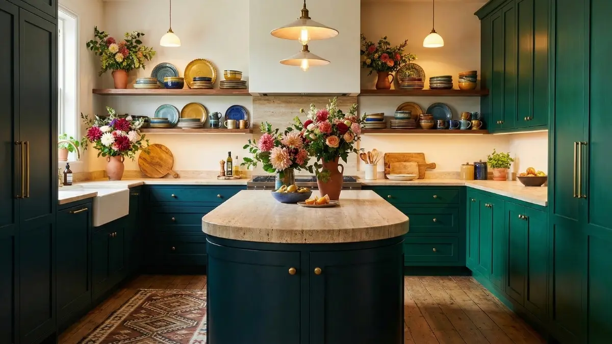 A joy-first kitchen featuring deep teal cabinets, travertine countertops, and open shelving for social wellness.