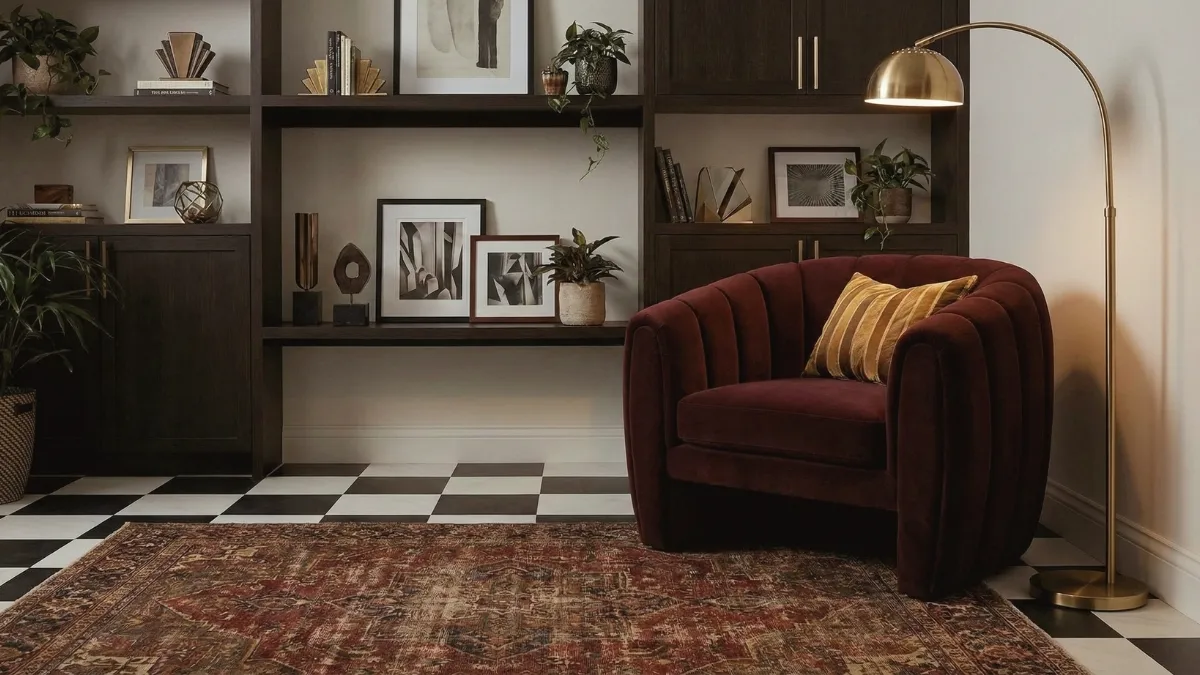 Checkerboard Floors Are Back With a Softer, Warmer Look 3 Eclectic living room corner demonstrating the Rule of Three by mixing a checkerboard floor with a striped velvet armchair and a vintage rug.