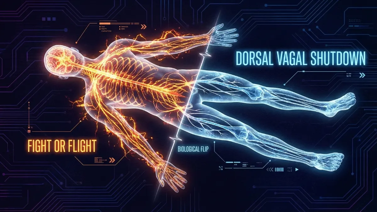A medical visualization comparing two nervous system states: the left side shows 'Fight or Flight' with fiery orange nerves, and the right side shows 'Dorsal Vagal Shutdown' with frozen blue nerves and text labels.
