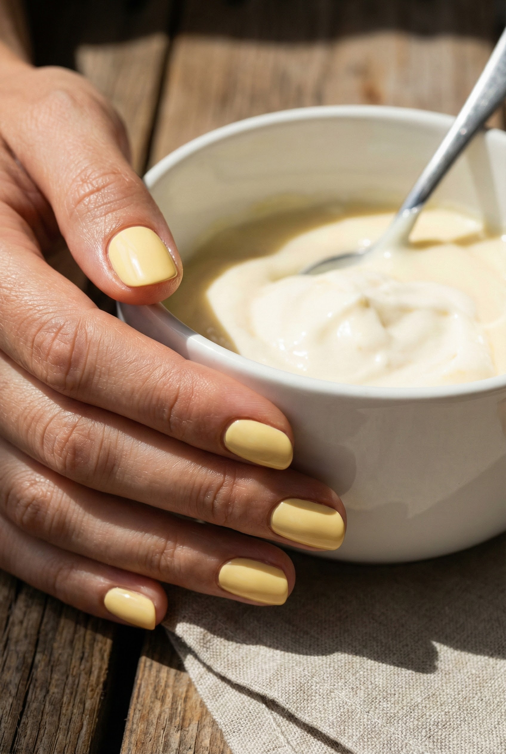 The Rise of Soft Vanilla and Cream Nails 1 Close-up of a hand holding a bowl of cream, showcasing nails painted in a rich butter yellow shade.