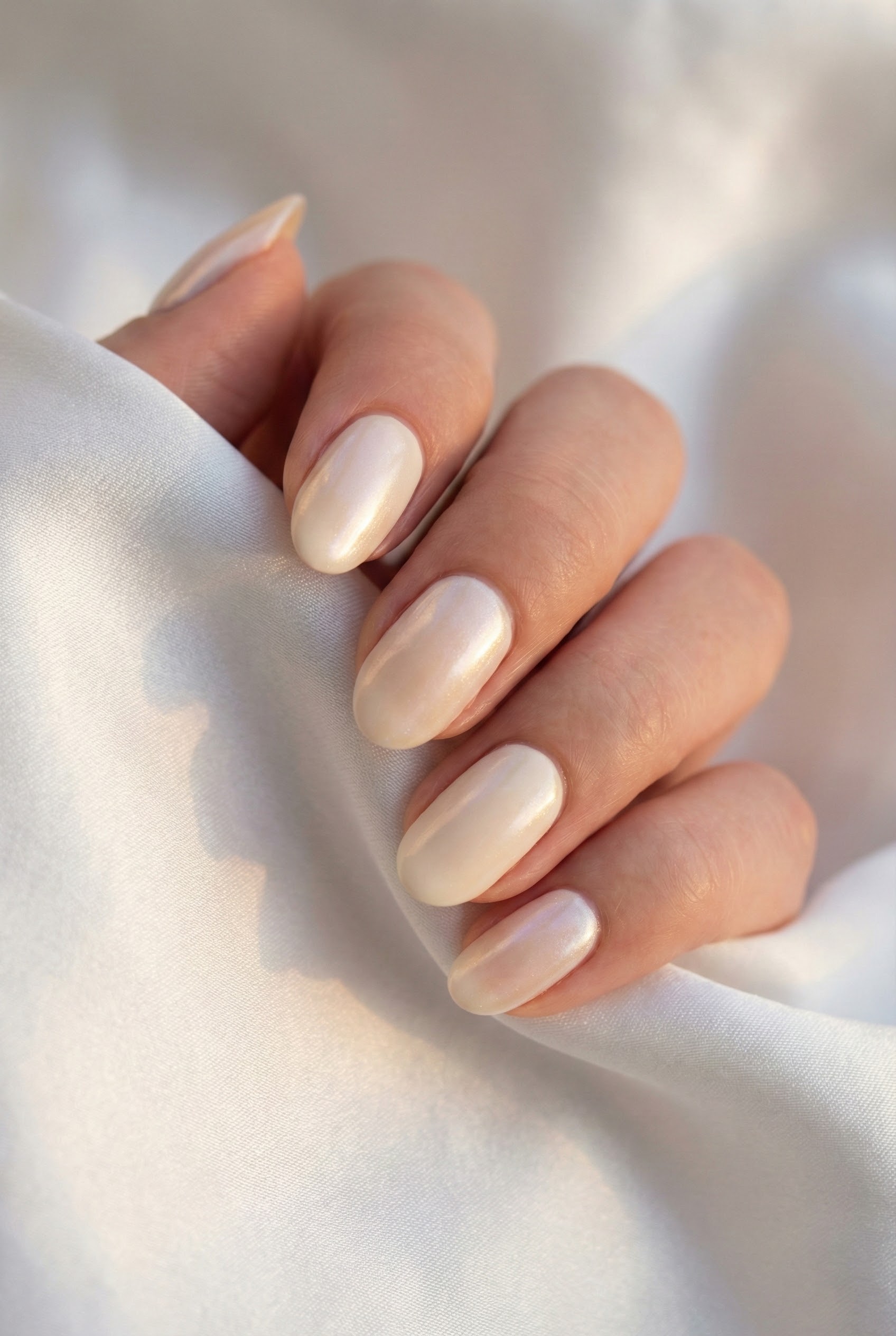 The Rise of Soft Vanilla and Cream Nails 2 Macro shot of pearlescent glazed vanilla nails gripping a soft white silk fabric, highlighting the shimmer.