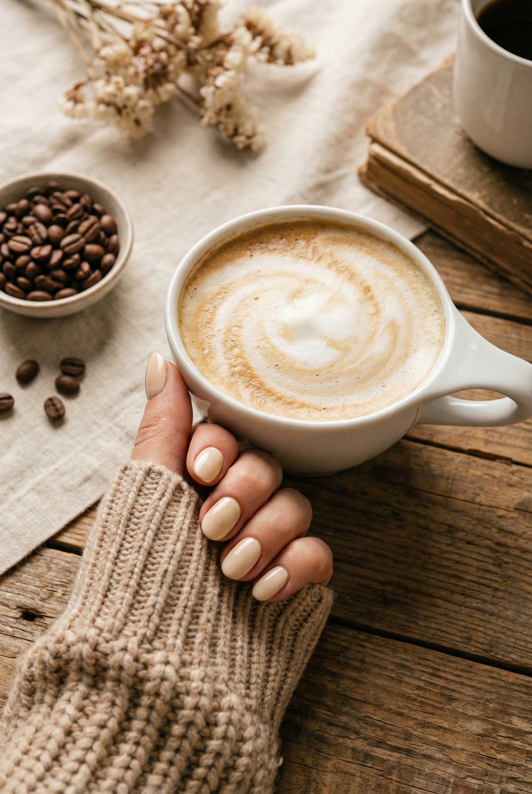 The Rise of Soft Vanilla and Cream Nails 7 Vertical flat lay of a hand with glossy vanilla cream nails holding a latte, wearing a beige knit sweater in a cozy rustic setting.