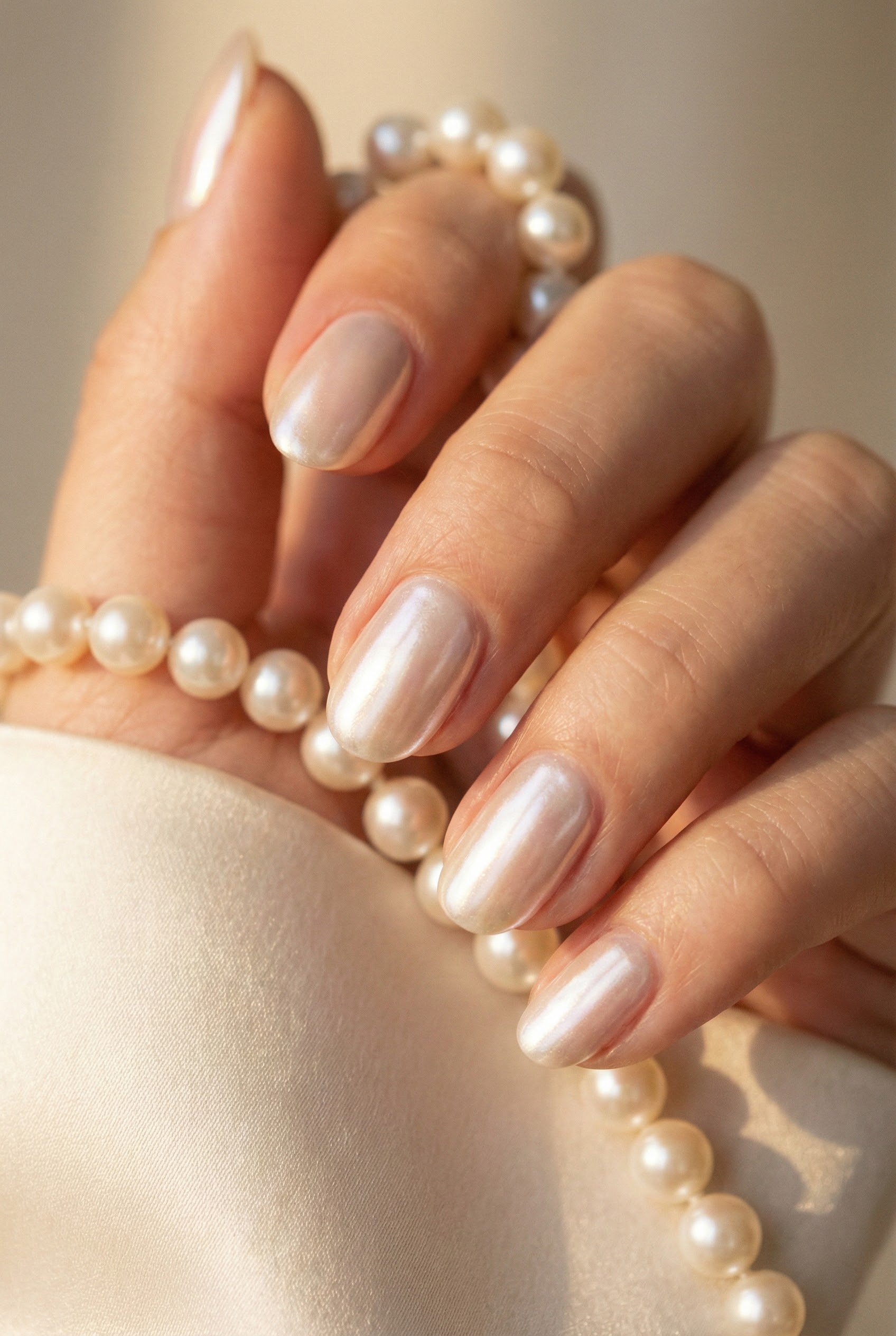 The Rise of Soft Vanilla and Cream Nails 8 Close-up of pearlescent glazed vanilla nails interacting with a string of white pearls, highlighting the matching shimmer textures.