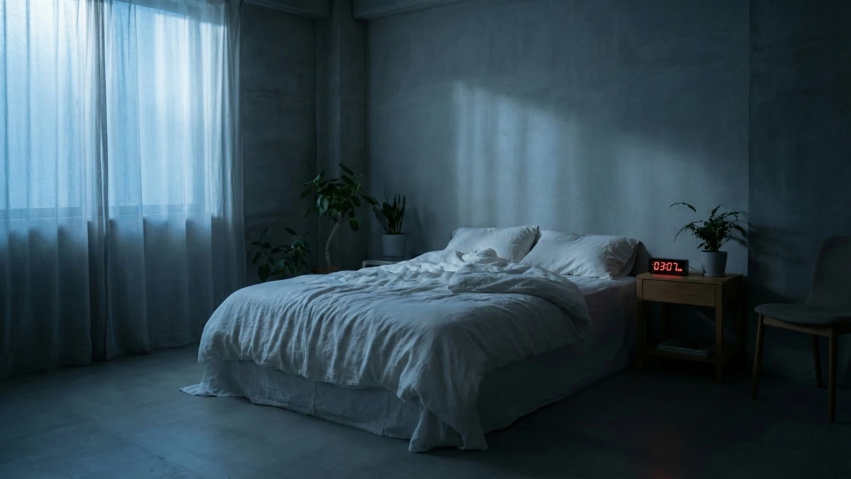 A dark, messy bedroom with a digital clock displaying 03:07 AM, depicting the experience of sudden night waking caused by stress and blood sugar drops.