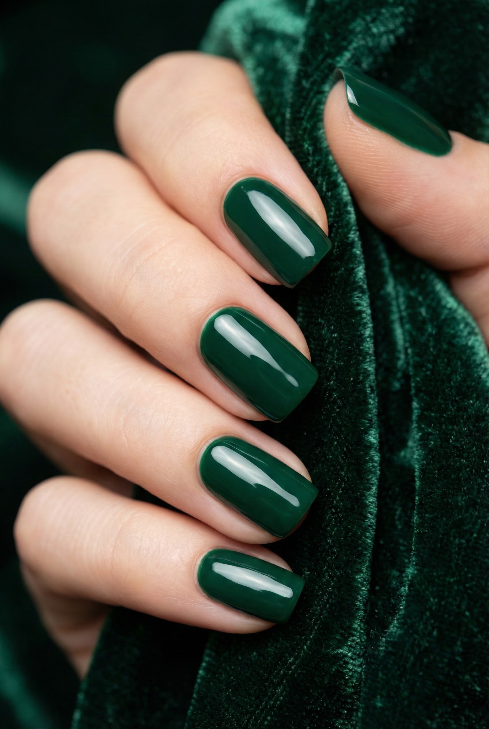 Close-up of glossy deep emerald green nails holding a luxurious dark green velvet fabric texture.
