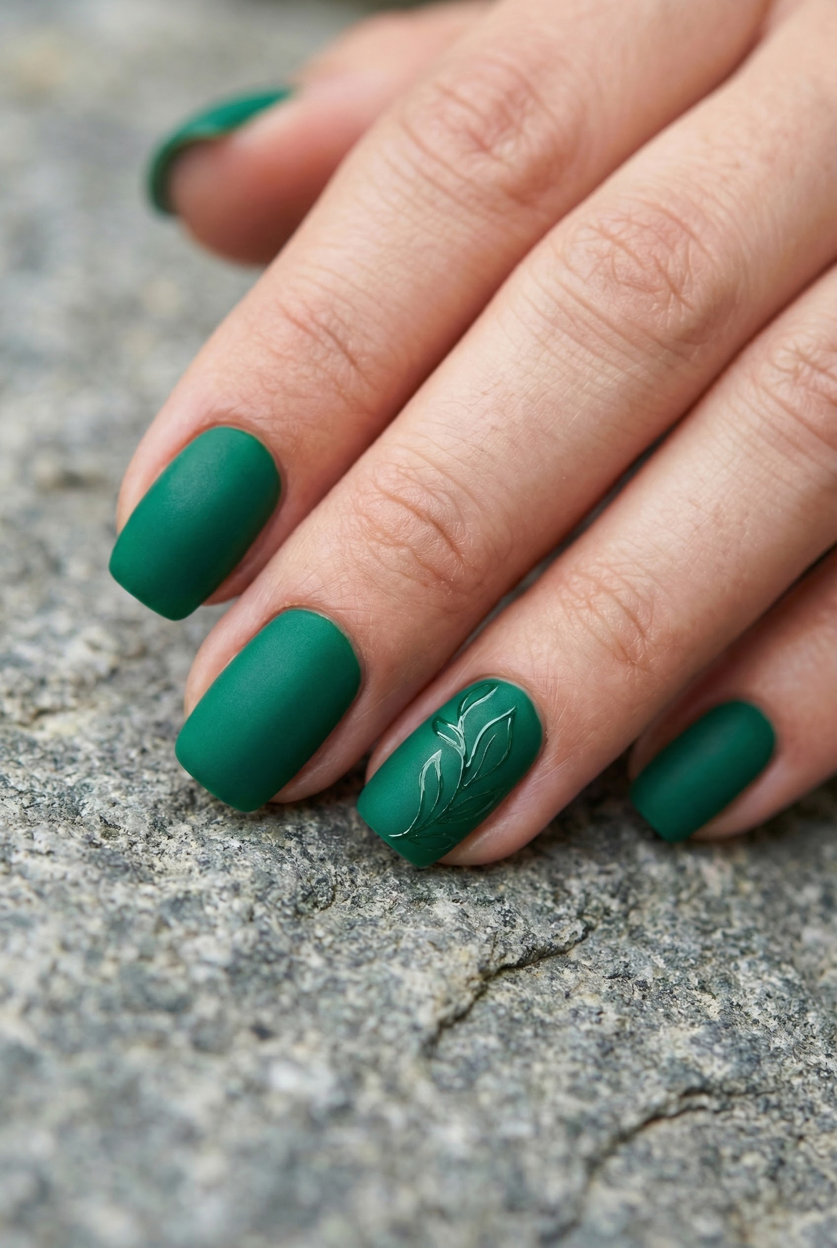 Matte emerald green nails resting on a grey stone, featuring a subtle glossy leaf line art on the accent nail.