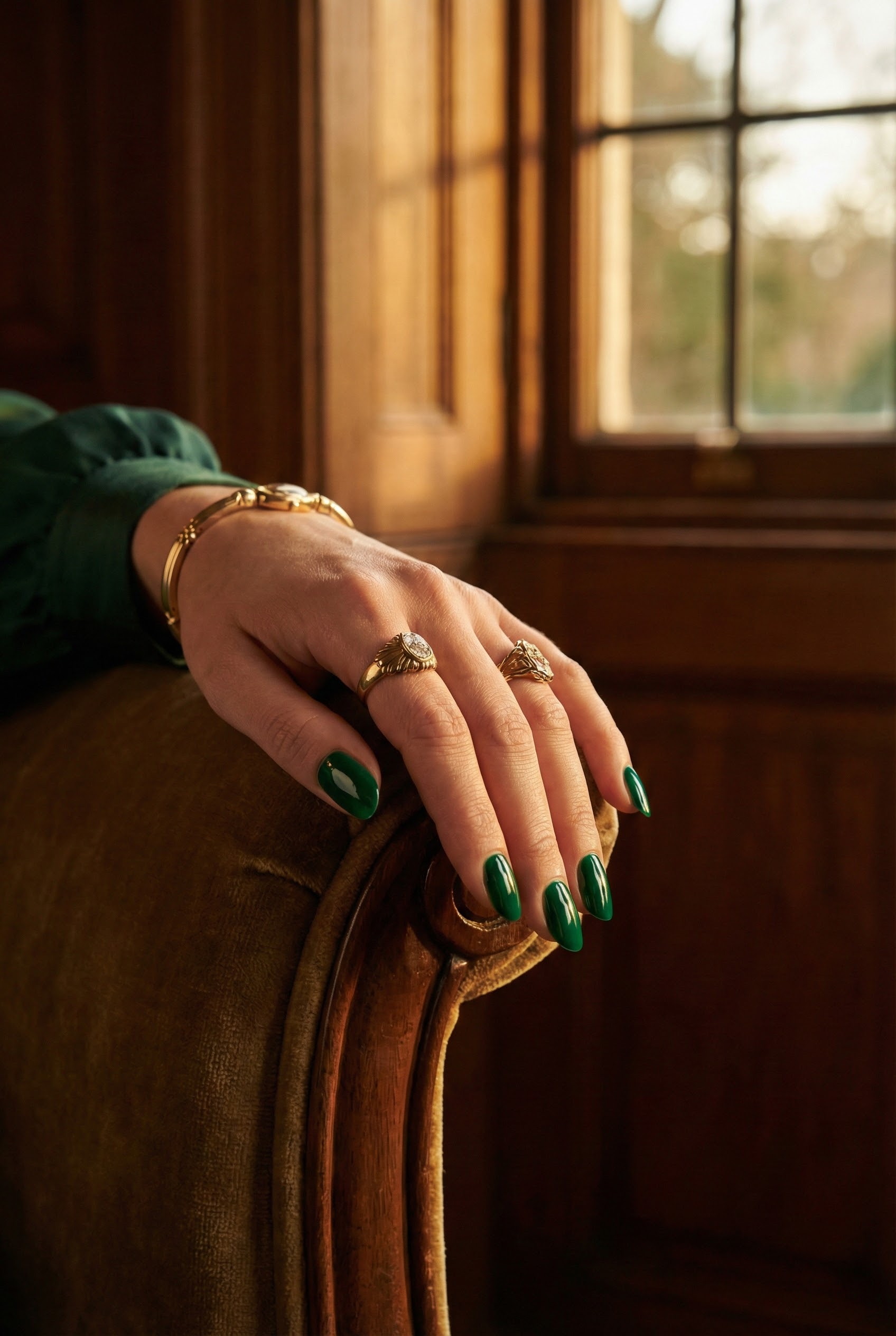 Vertical shot of a hand with glossy emerald green nails resting on a vintage velvet chair, wearing antique gold rings.